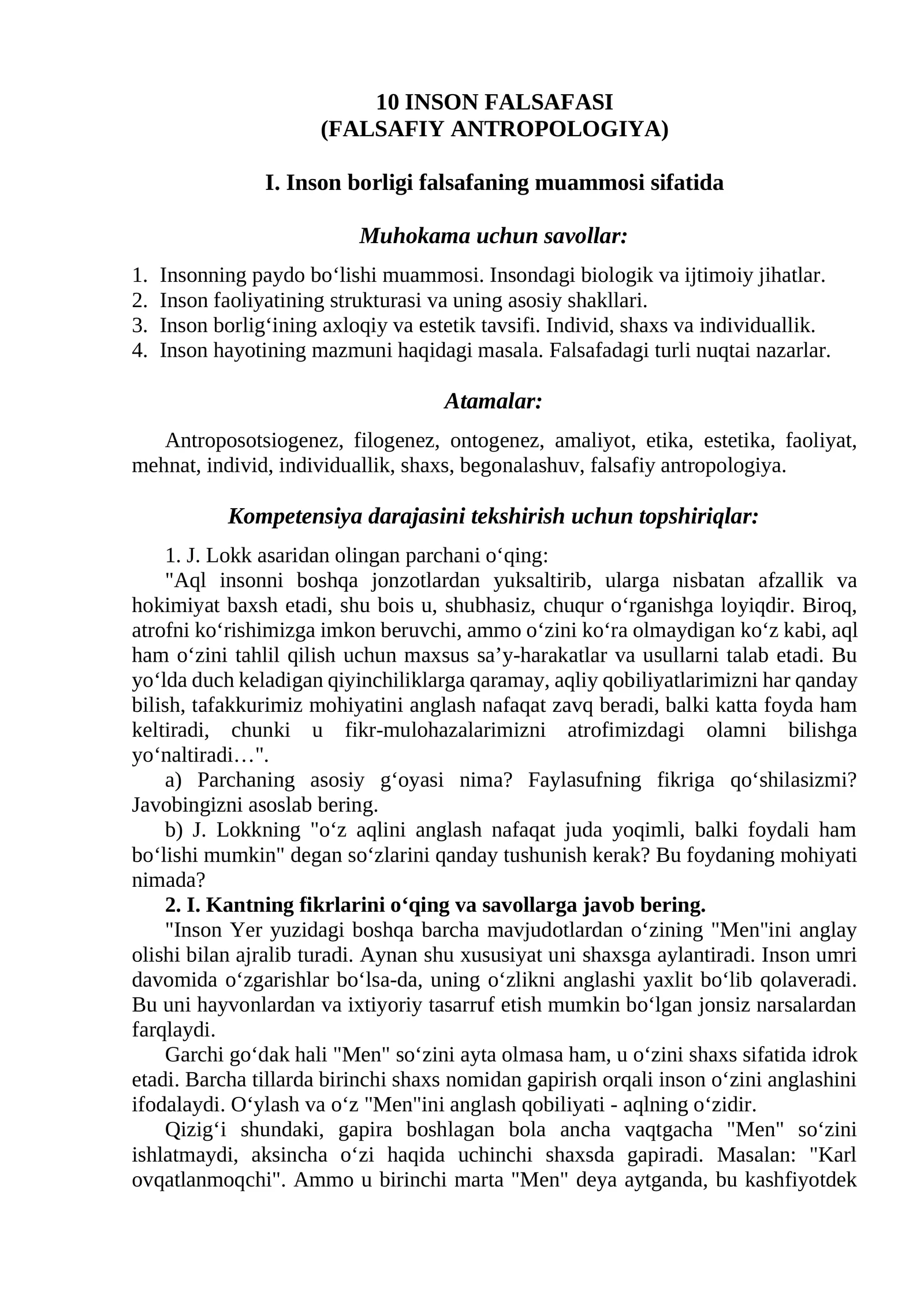 10 INSON FALSAFASI (FALSAFIY ANTROPOLOGIYA)