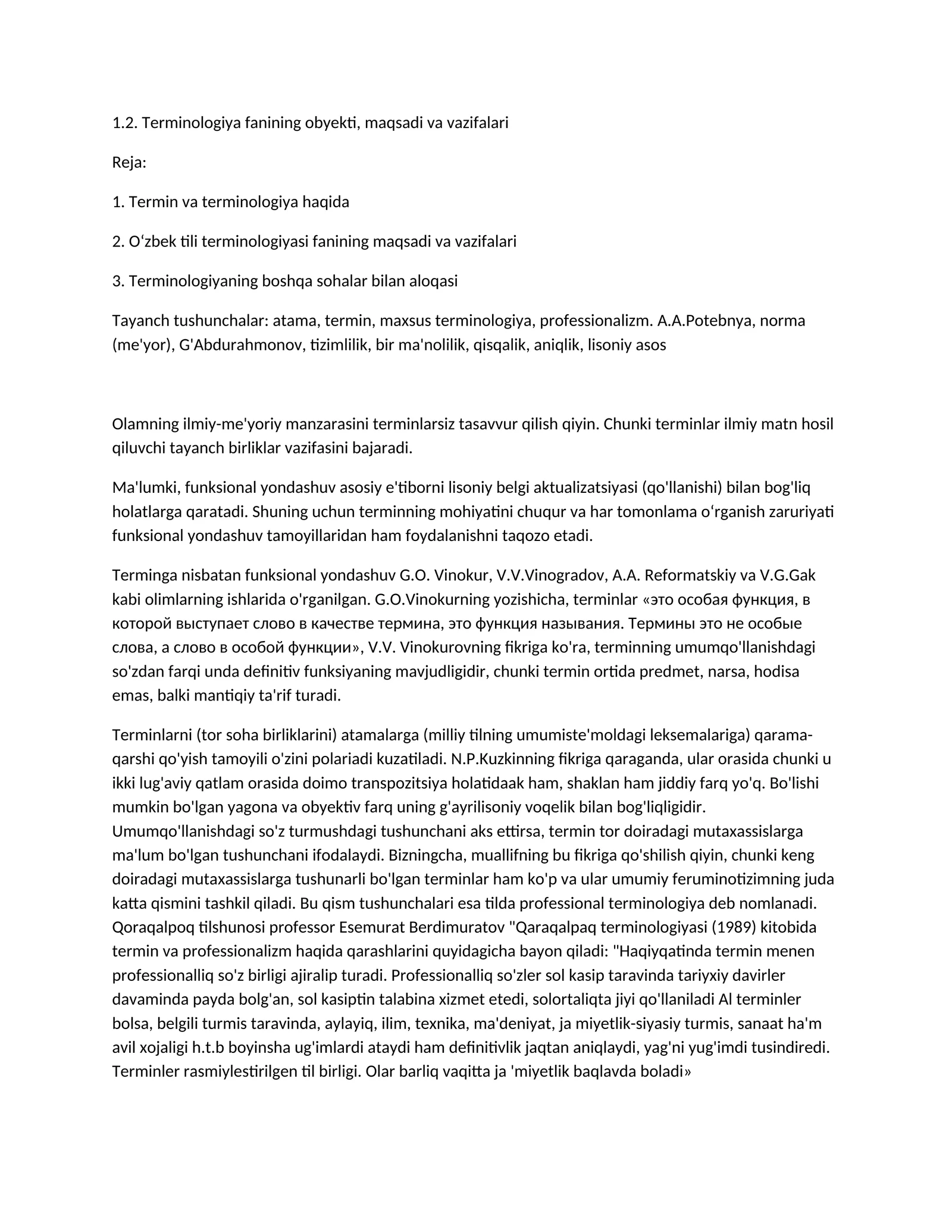 Terminologiya fanining obyekti, maqsadi va vazifalari