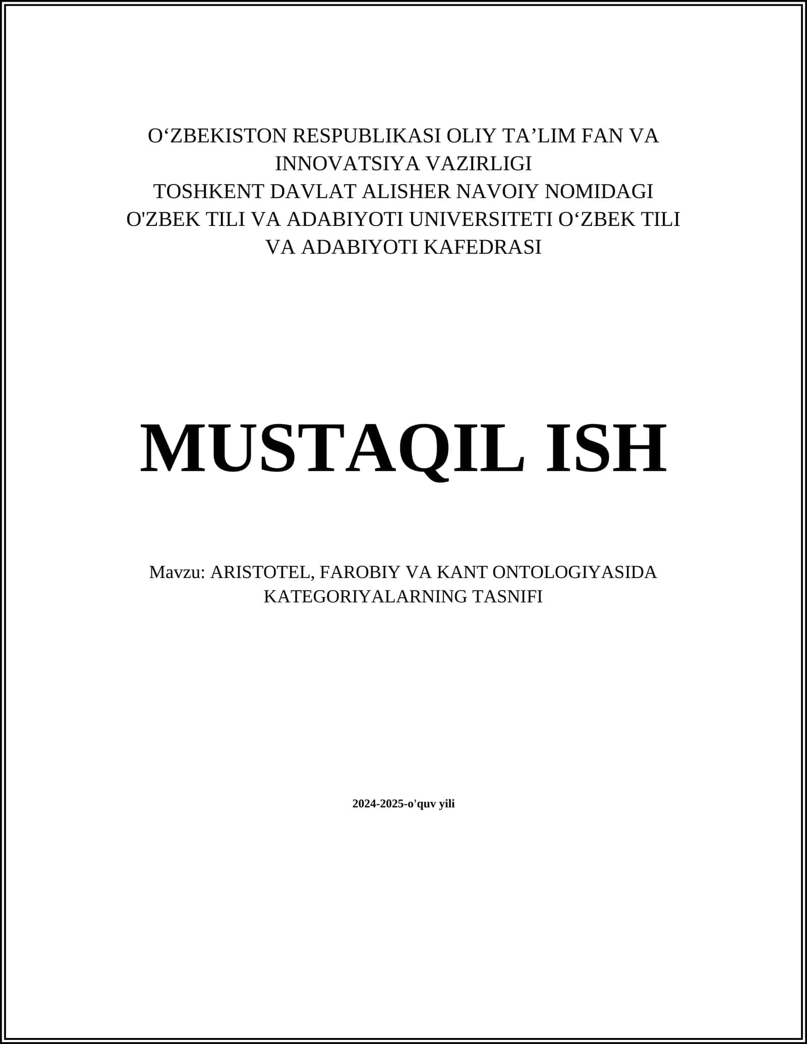 ARISTOTEL, FAROBIY VA KANT ONTOLOGIYASIDA KATEGORIYALARNING TASNIFI