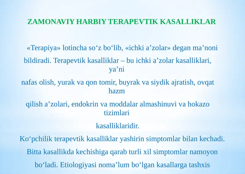 ZAMONAVIY HARBIY TERAPEVTIK KASALLIKLAR