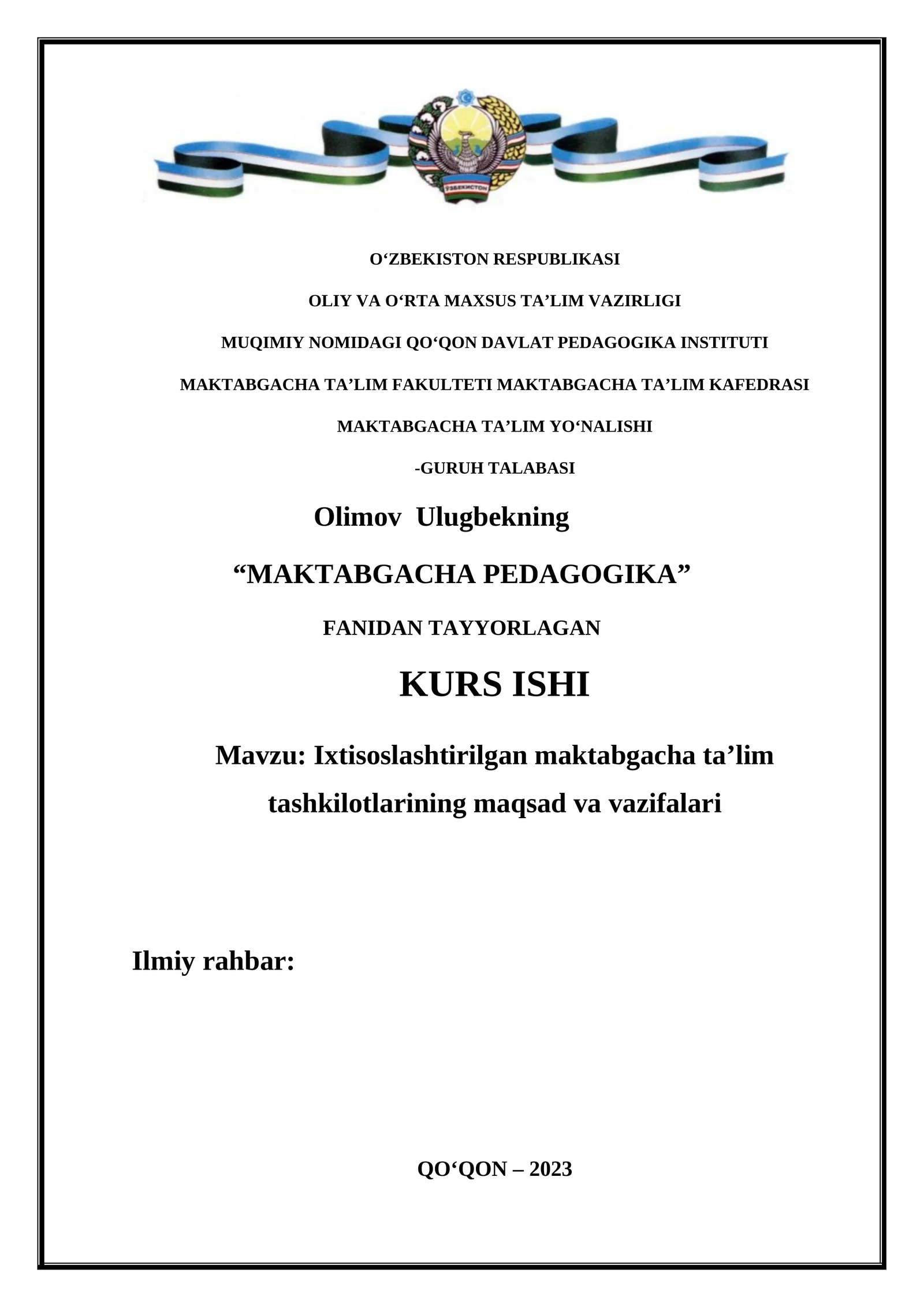 MAKTABGACHA PEDAGOGIKA KURS ISHI