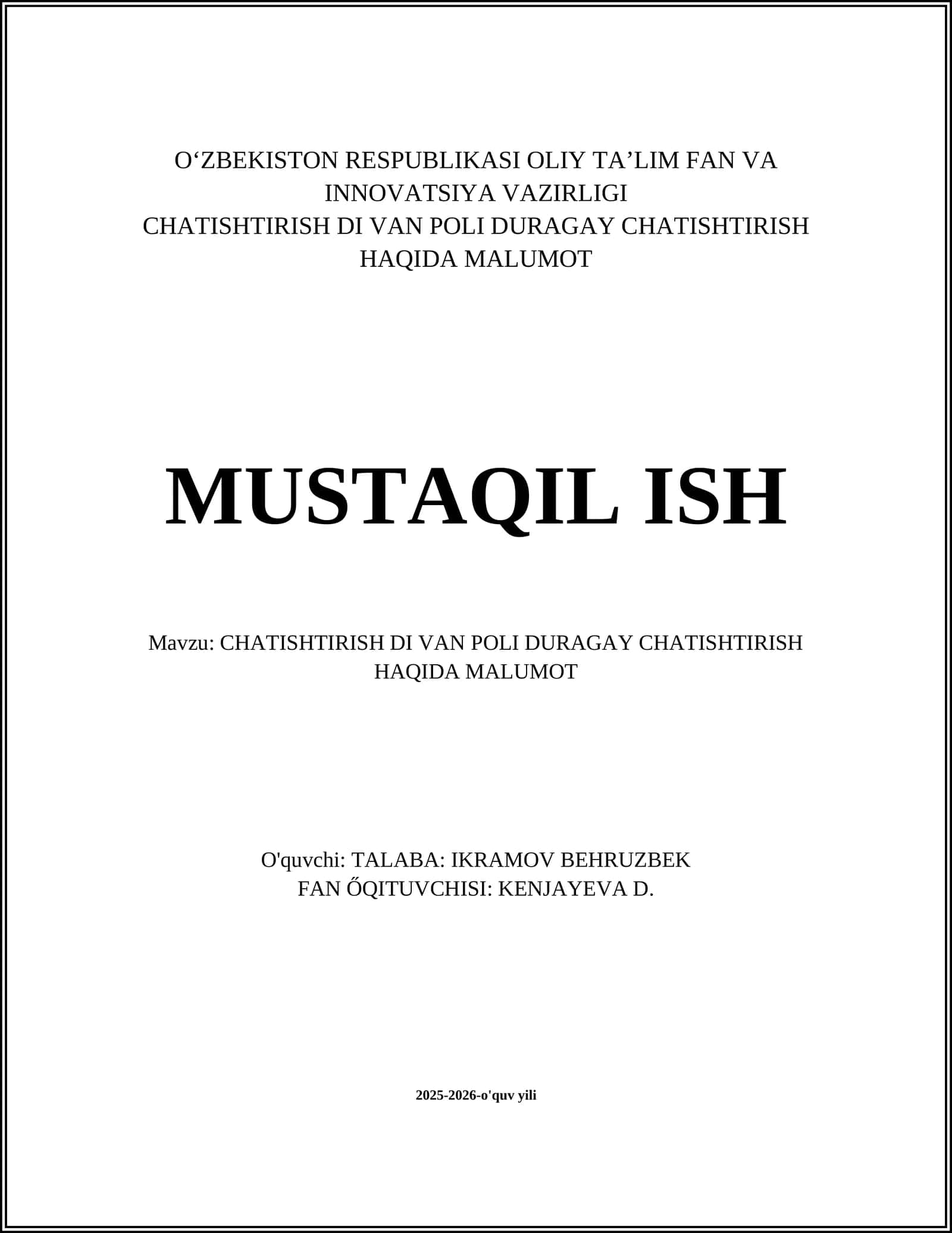 CHATISHTIRISH DI VAN POLI DURAGAY CHATISHTIRISH HAQIDA MALUMOT