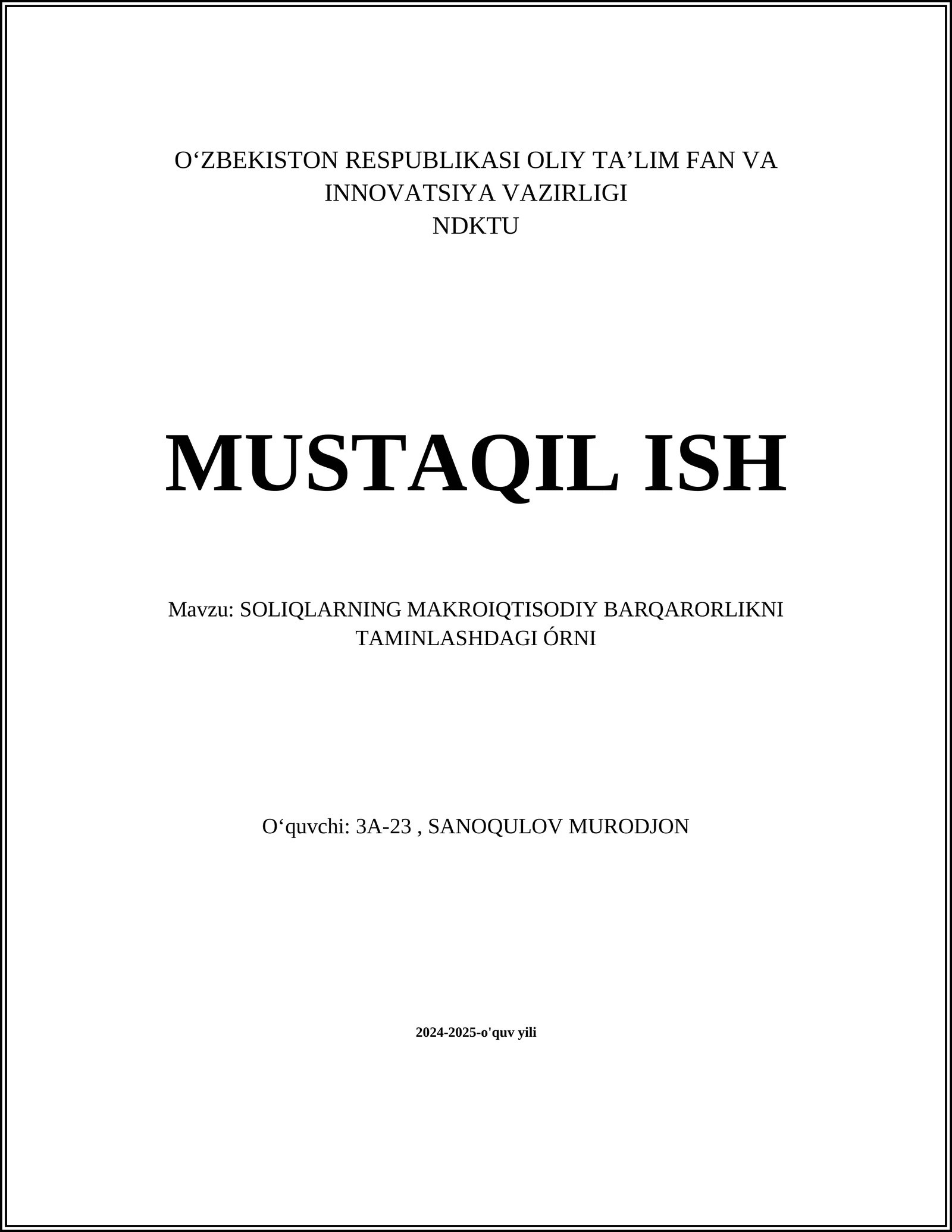SOLIQLARNING MAKROIQTISODIY BARQARORLIKNI TAMINLASHDAGI ÓRNI