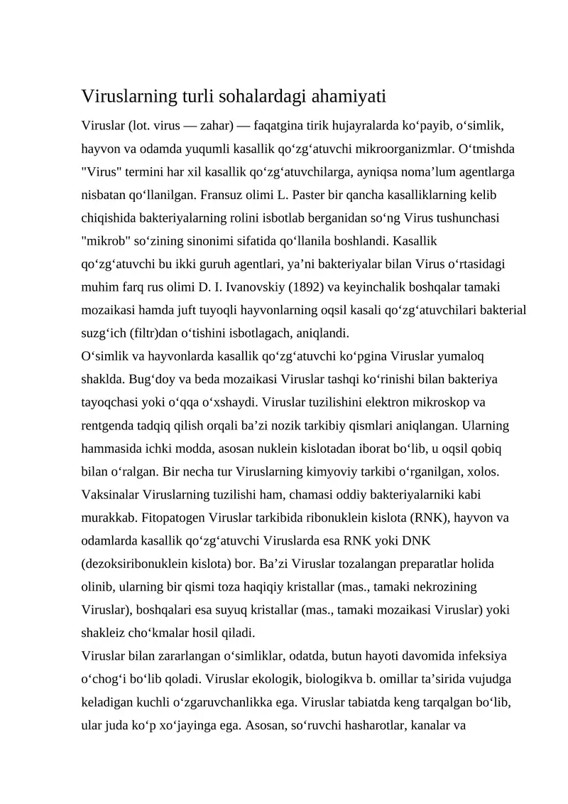 Viruslarning turli sohalardagi ahamiyati