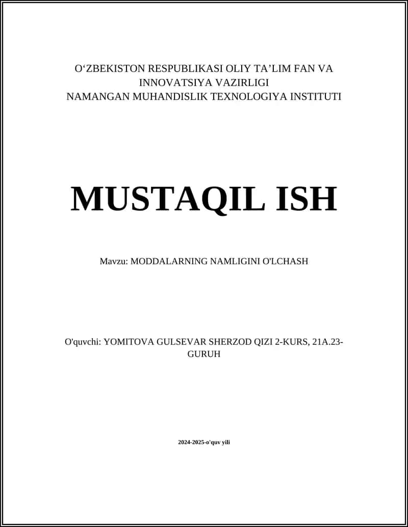 MODDALARNING NAMLIGINI O'LCHASH