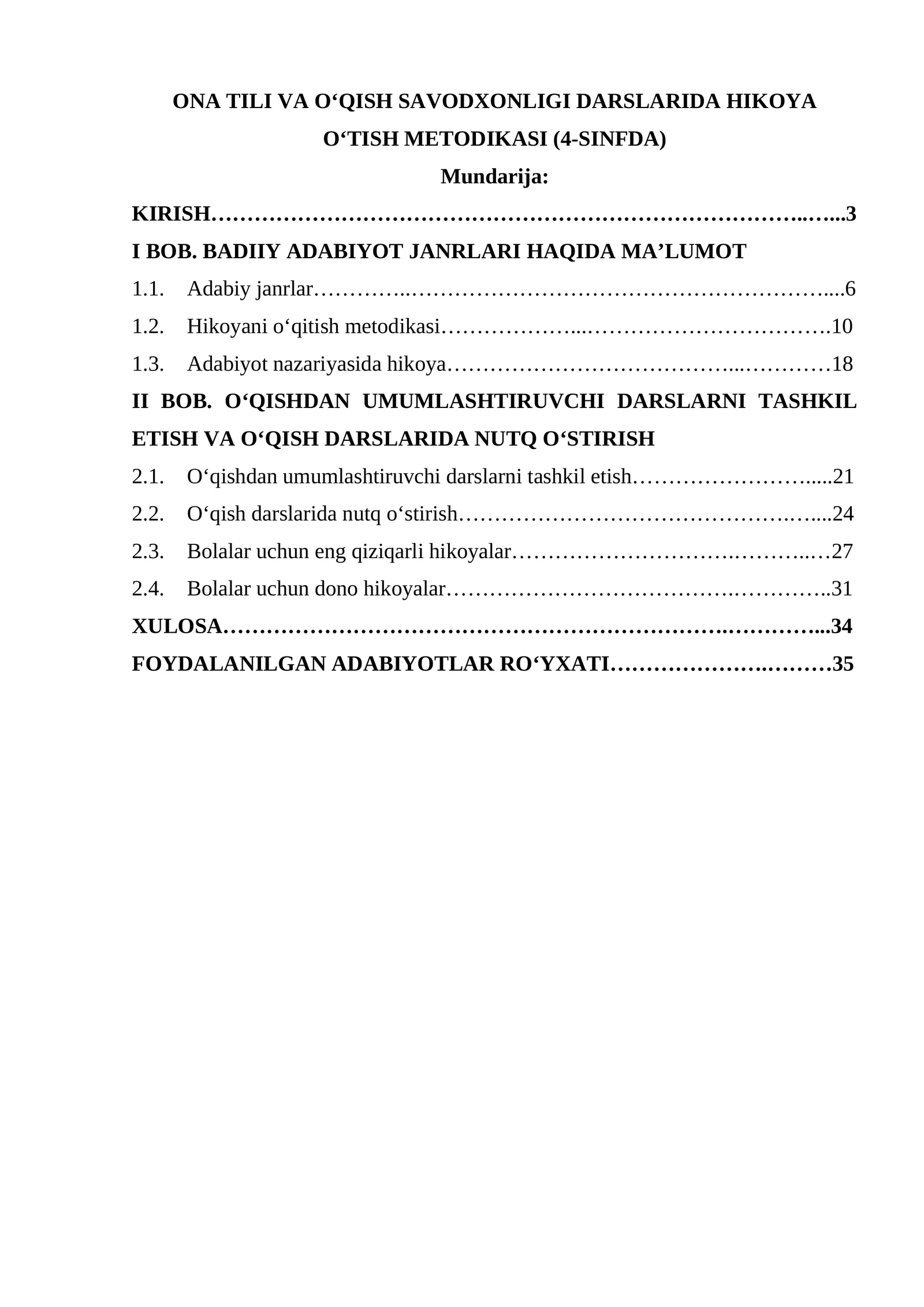 ONA TILI VA OʻQISH SAVODXONLIGI DARSLARIDA HIKOYA OʻTISH METODIKASI (4-SINFDA)