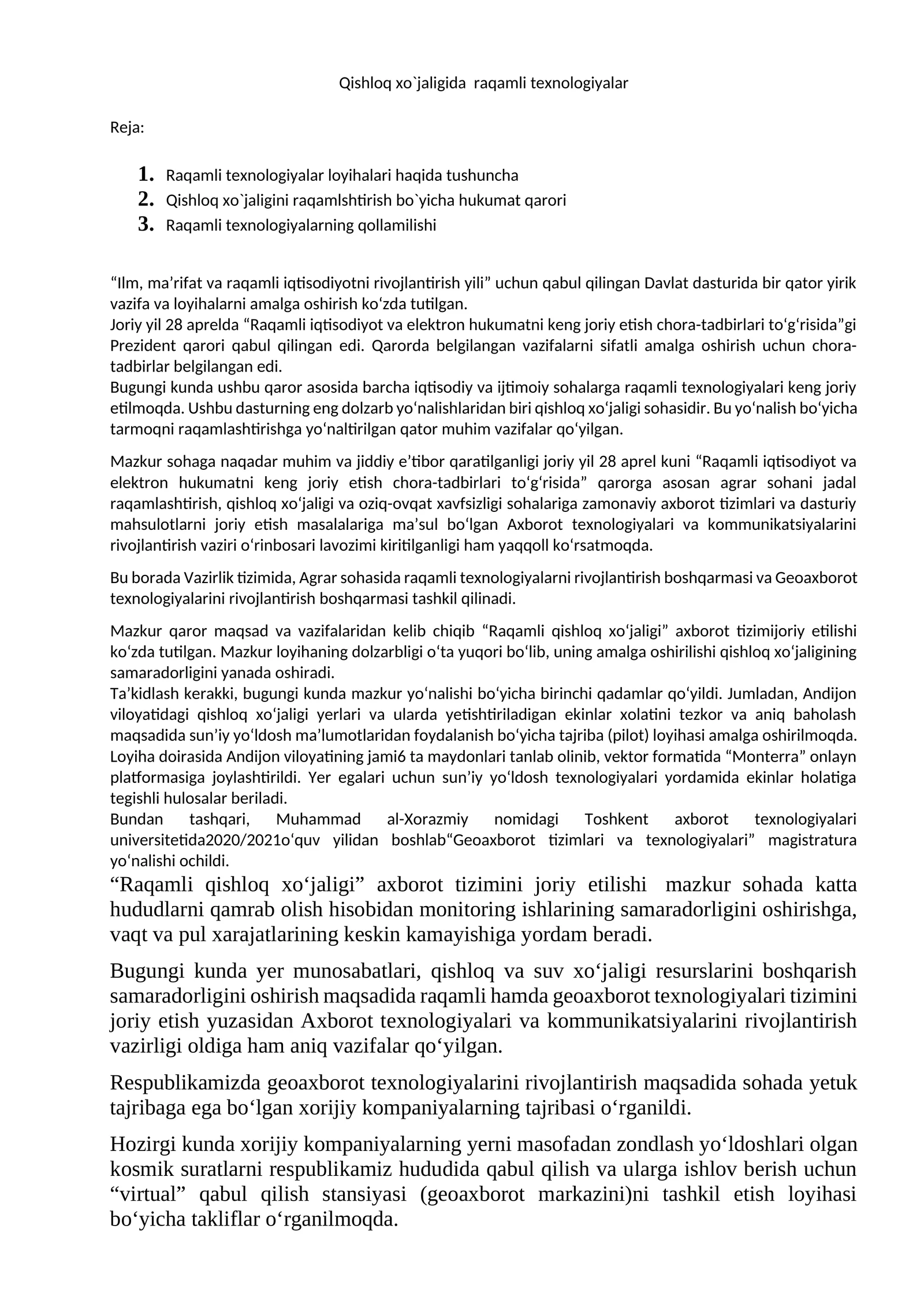 Raqamli texnologiyalar qishloq xo`jaligida