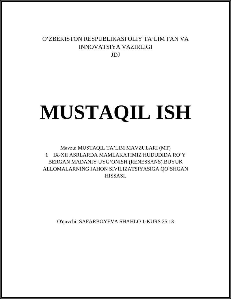 MUSTAQIL TA’LIM MAVZULARI (MT)