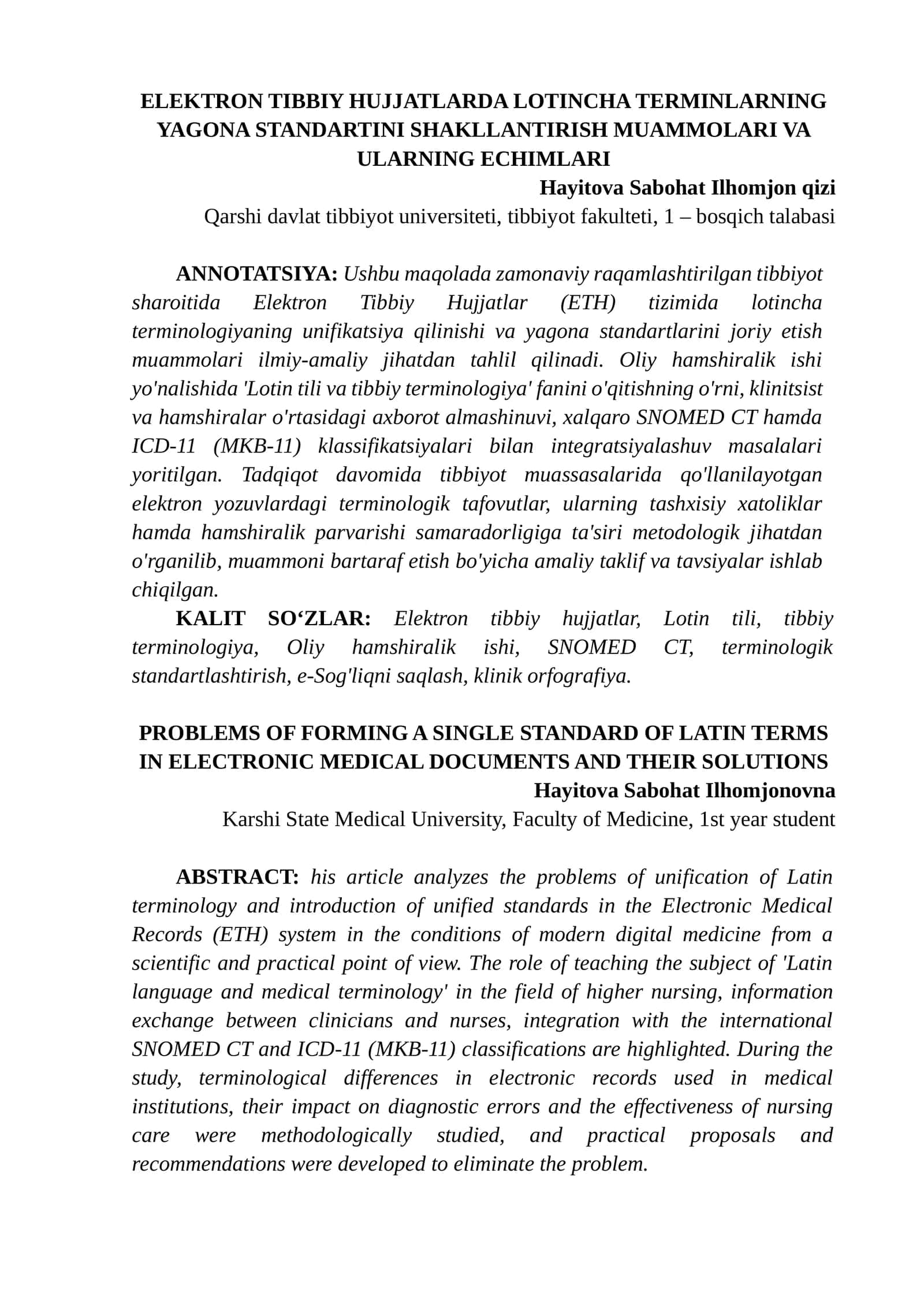 ELEKTRON TIBBIY HUJJATLARDA LOTINCHA TERMINLARNING YAGONA STANDARTINI SHAKLLANTIRISH MUAMMOLARI VA ULARNING ECHIMLARI