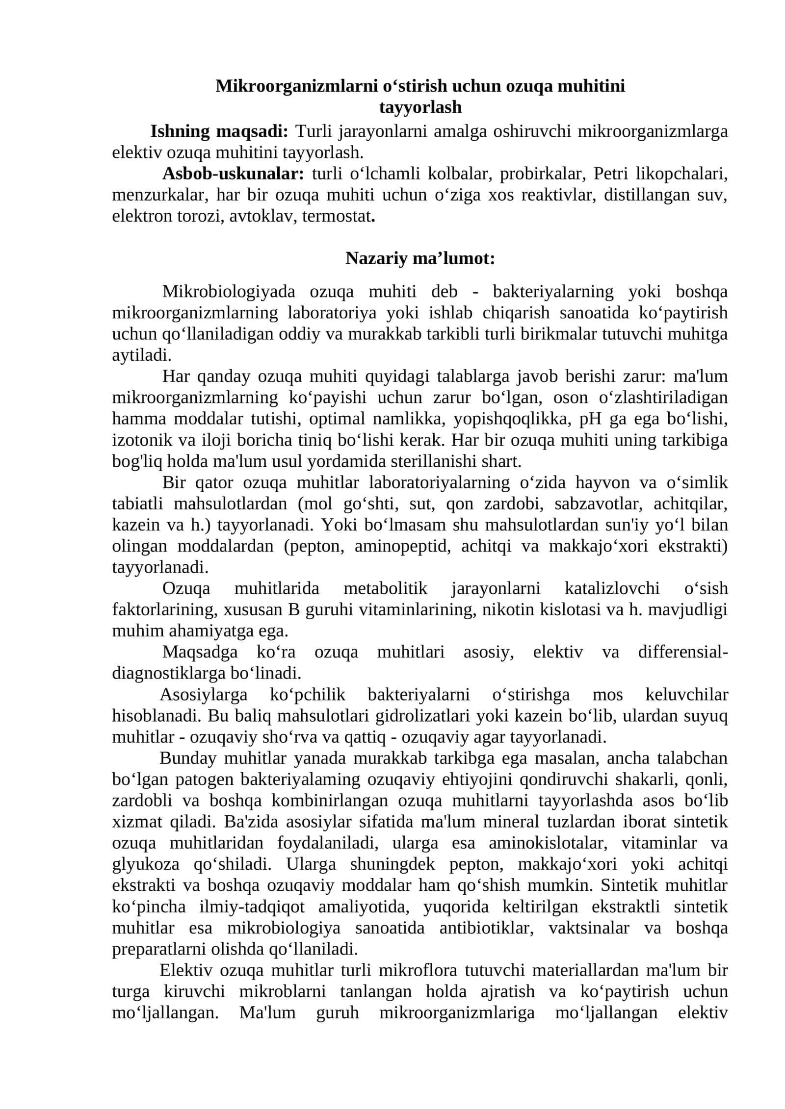 Mikroorganizmlarni o'stirish uchun ozuqa muhitini tayyorlash