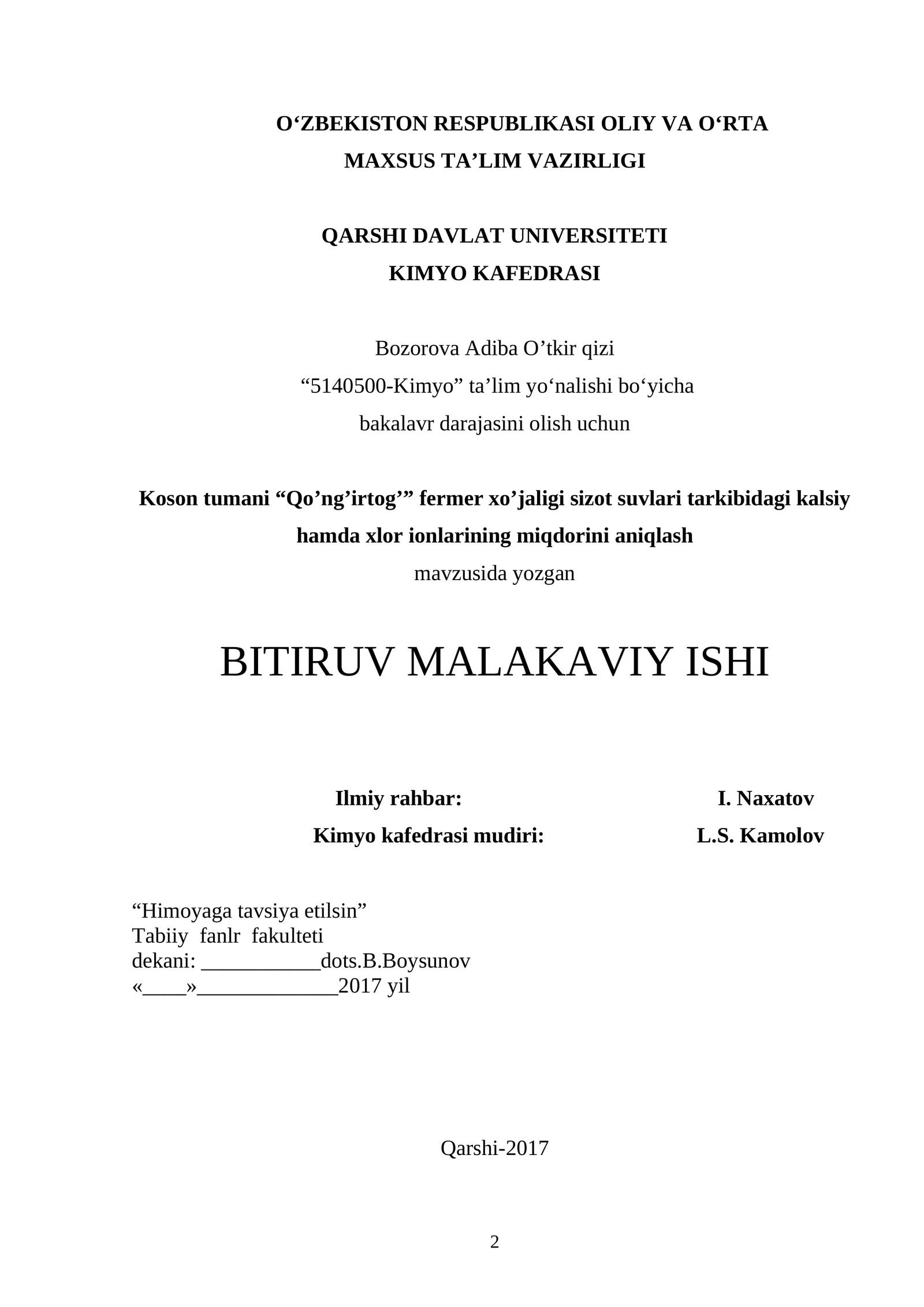 Koson tumani “Qo’ng’irtog’” fermer xo’jaligi sizot suvlari tarkibidagi kalsiy hamda xlor ionlarining miqdorini aniqlash
