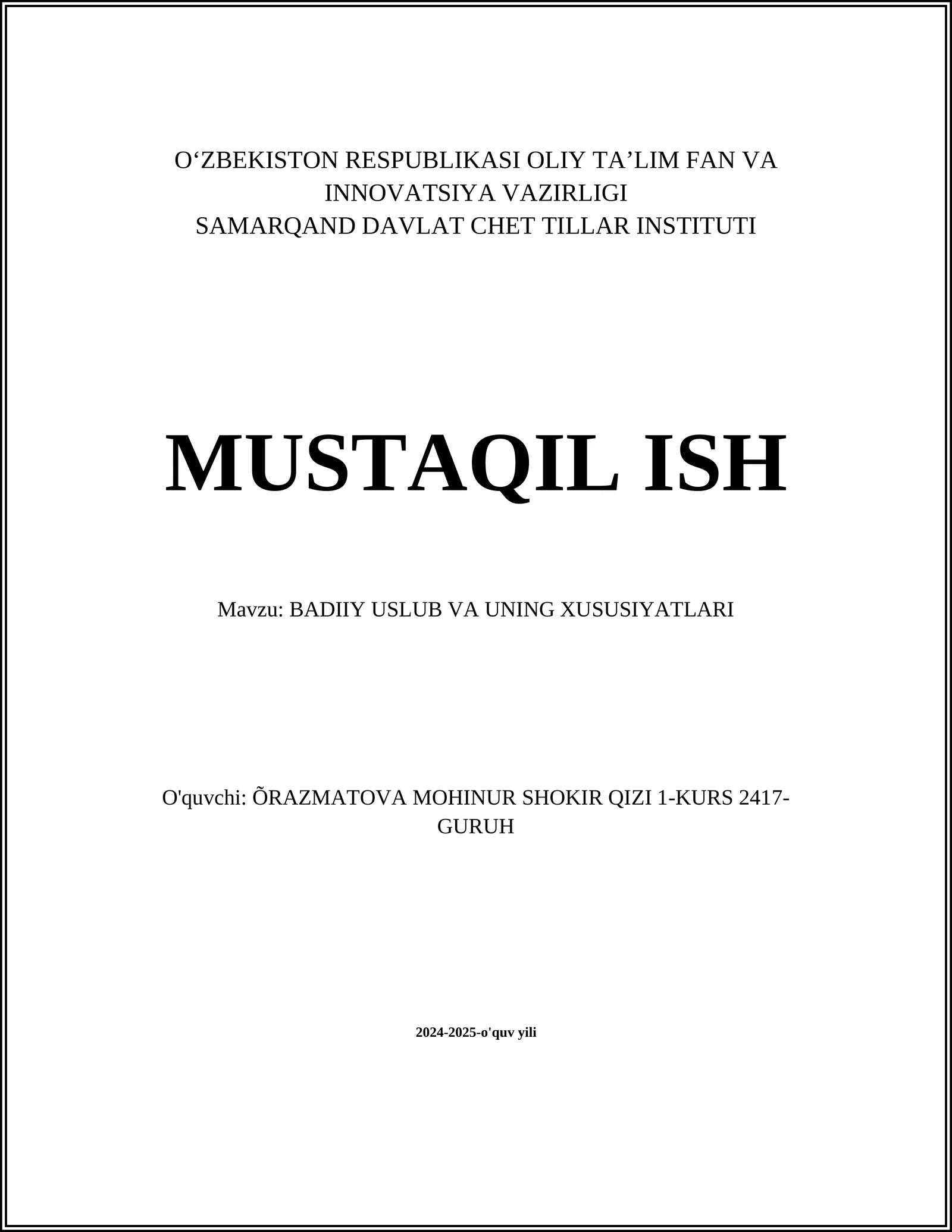 BADIIY USLUB VA UNING XUSUSIYATLARI