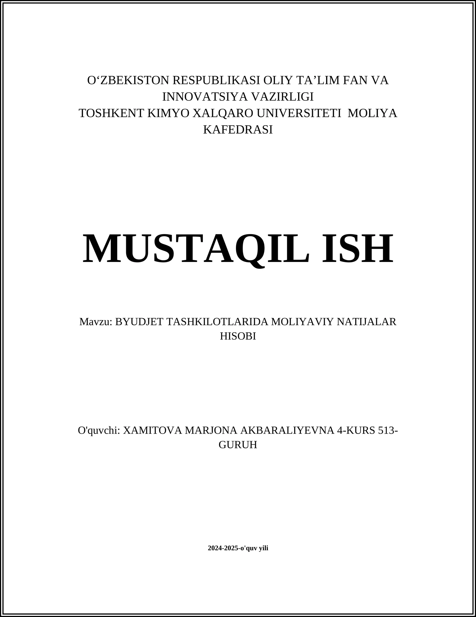 BYUDJET TASHKILOTLARIDA MOLIYAVIY NATIJALAR HISOBI