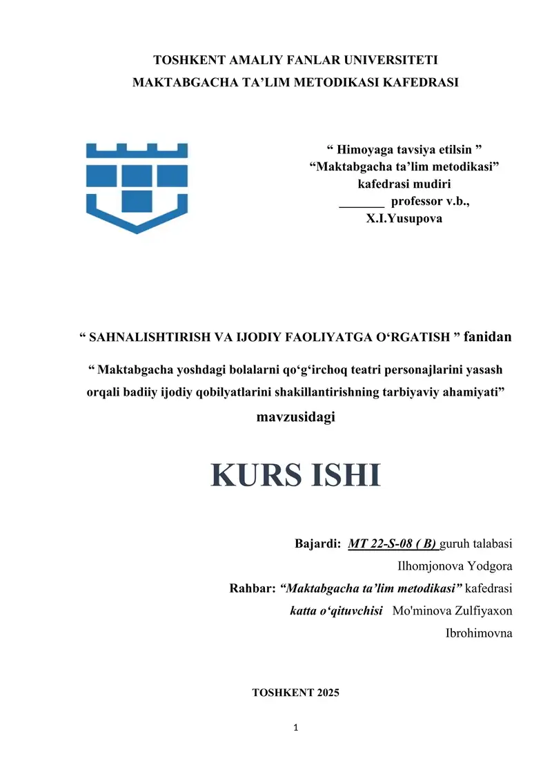 Maktabgacha yoshdagi bolalarni qoʻgʻirchoq teatri personajlarini yasash orqali badiiy ijodiy qobilyatlarini shakillantirishning tarbiyaviy ahamiyati