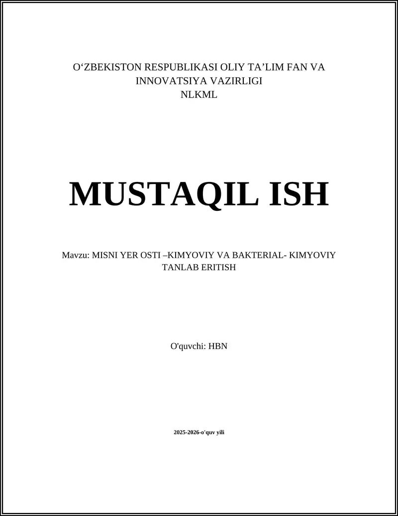 MISNI YER OSTI –KIMYOVIY VA BAKTERIAL- KIMYOVIY TANLAB ERITISH
