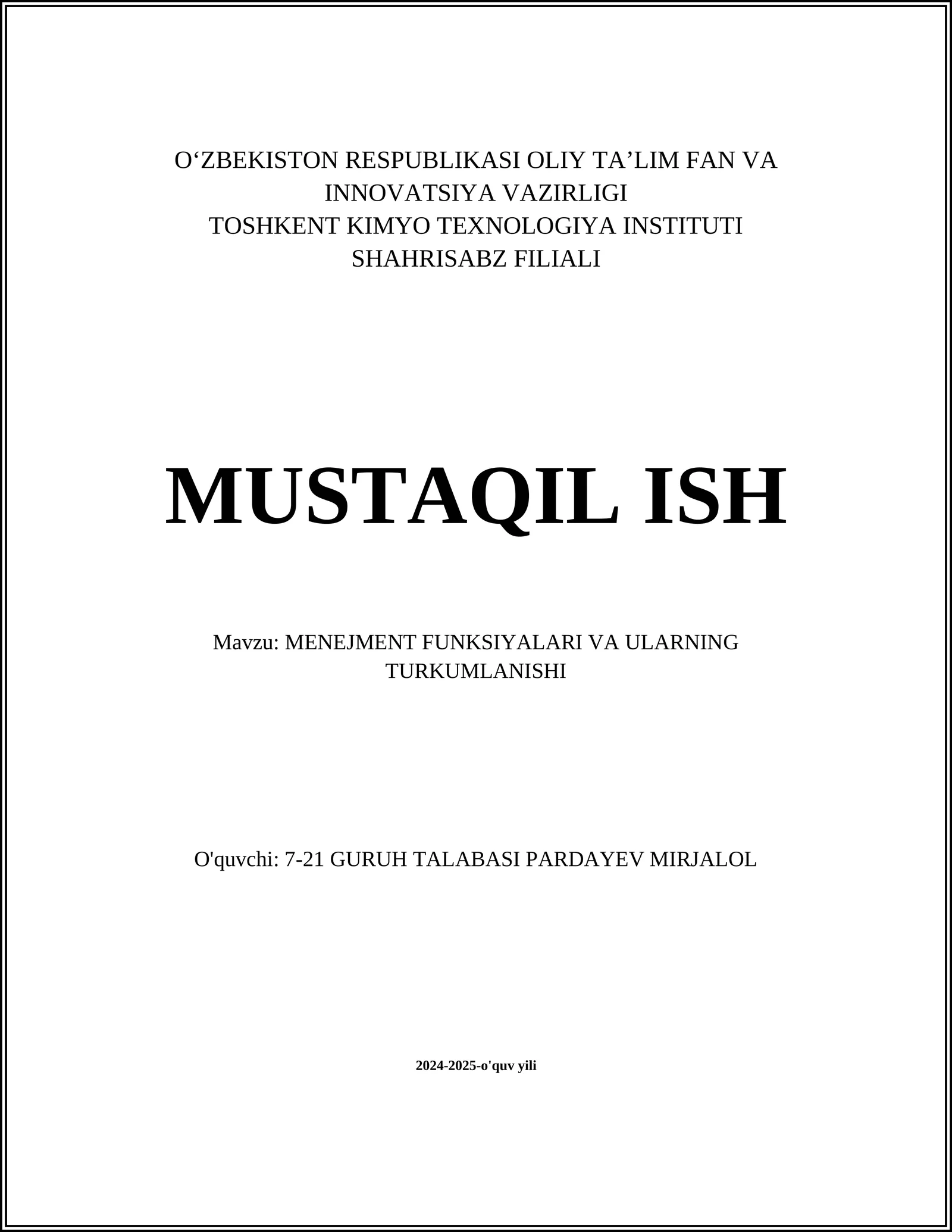 MENEJMENT FUNKSIYALARI VA ULARNING TURKUMLANISHI