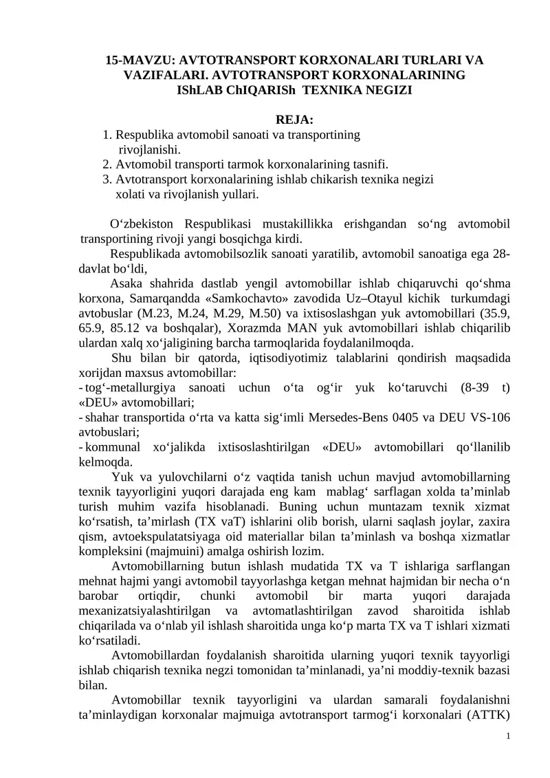 AVTOTRANSPORT KORXONALARI TURLARI VA VAZIFALARI