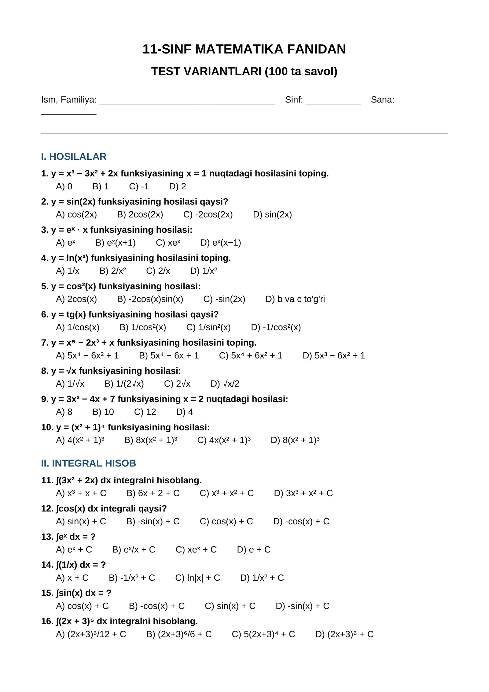 11-SINF MATEMATIKA FANIDAN TEST VARIANTLARI (100 ta savol)