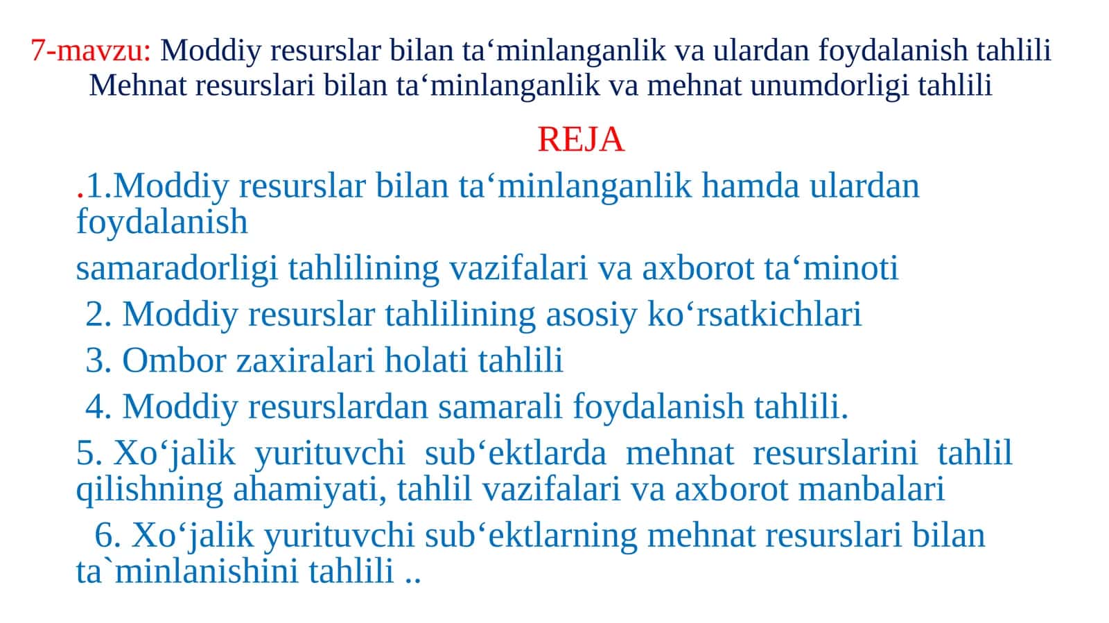 Moddiy resurslar bilanta‘minlanganlik va ulardan foydalanish tahlili