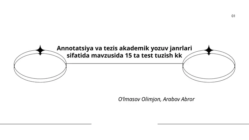 Annotatsiya va tezis akademik yozuv janrlari sifatida mavzusida 15 ta test tuzish kk