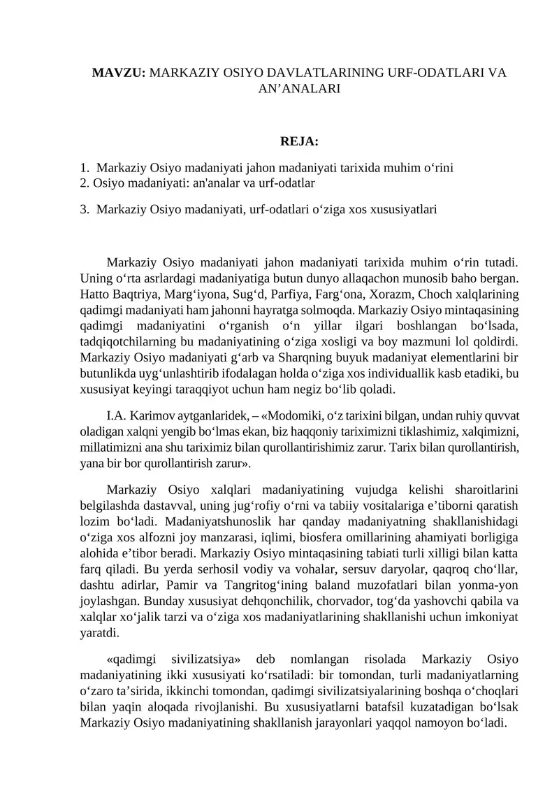 MARKAZIY OSIYO DAVLATLARINING URF-ODATLARI VA AN’ANALARI