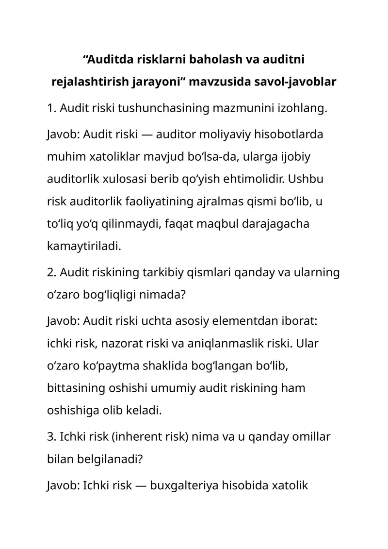 Audit risklarni baholash va auditni rejalashtirish jarayoni