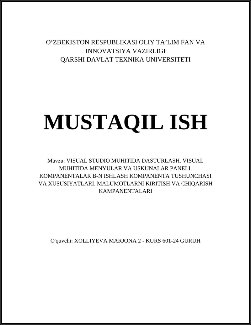 VISUAL STUDIO MUHITIDA DASTURLASH