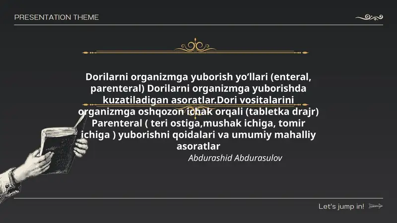 Dorilarni organizmga yuborish yoʻllari (enteral, parenteral) Dorilarni organizmga yuborishda kuzatiladigan asoratlar.Dori vositalarini organizmga oshqozon ichak orqali (tabletka drajr) Parenteral ( teri ostiga,mushak ichiga, tomir ichiga ) yuborishni qoidalari va umumiy mahalliy asoratlar