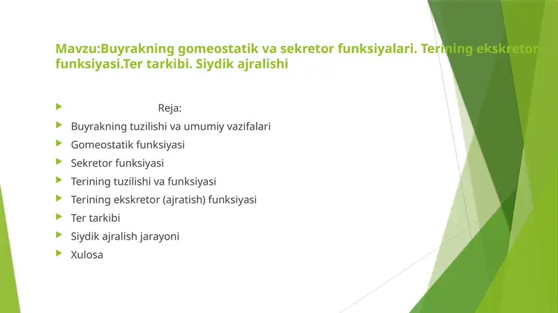 Buyrakning gomeostatik va sekretor funksiyalari