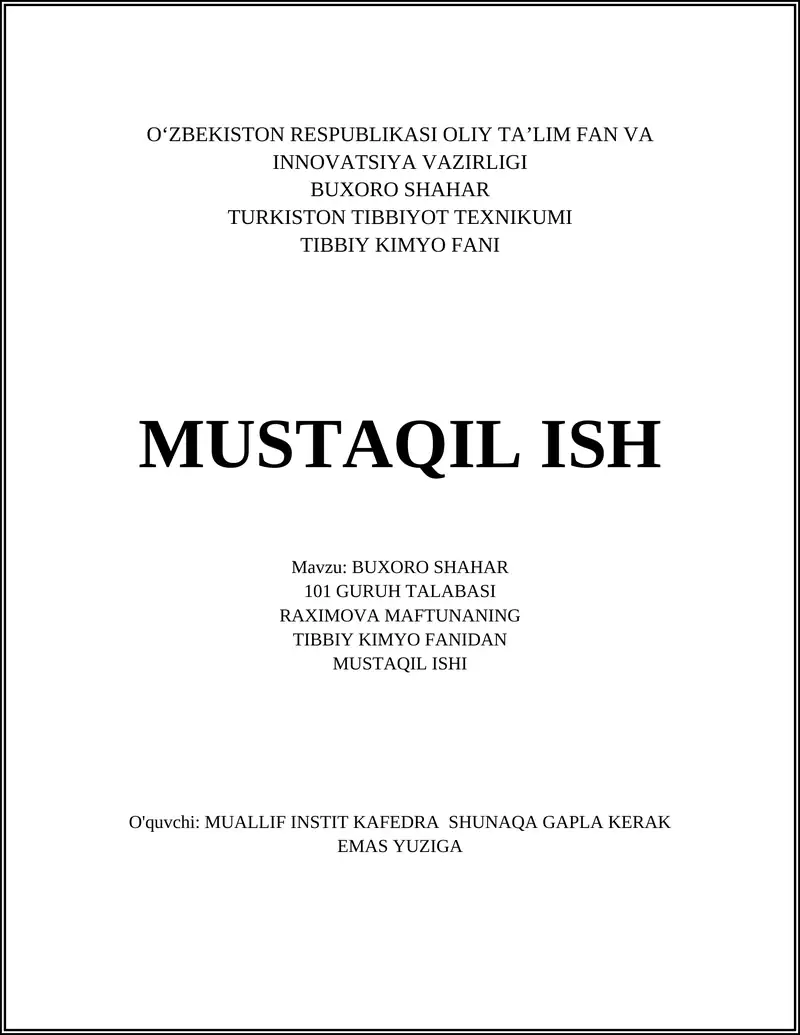 Maftunaning tibbiy kimyo fanidan mustaqil ish: Paratsetamolning jigar metabolizmi va toksik ta'siri