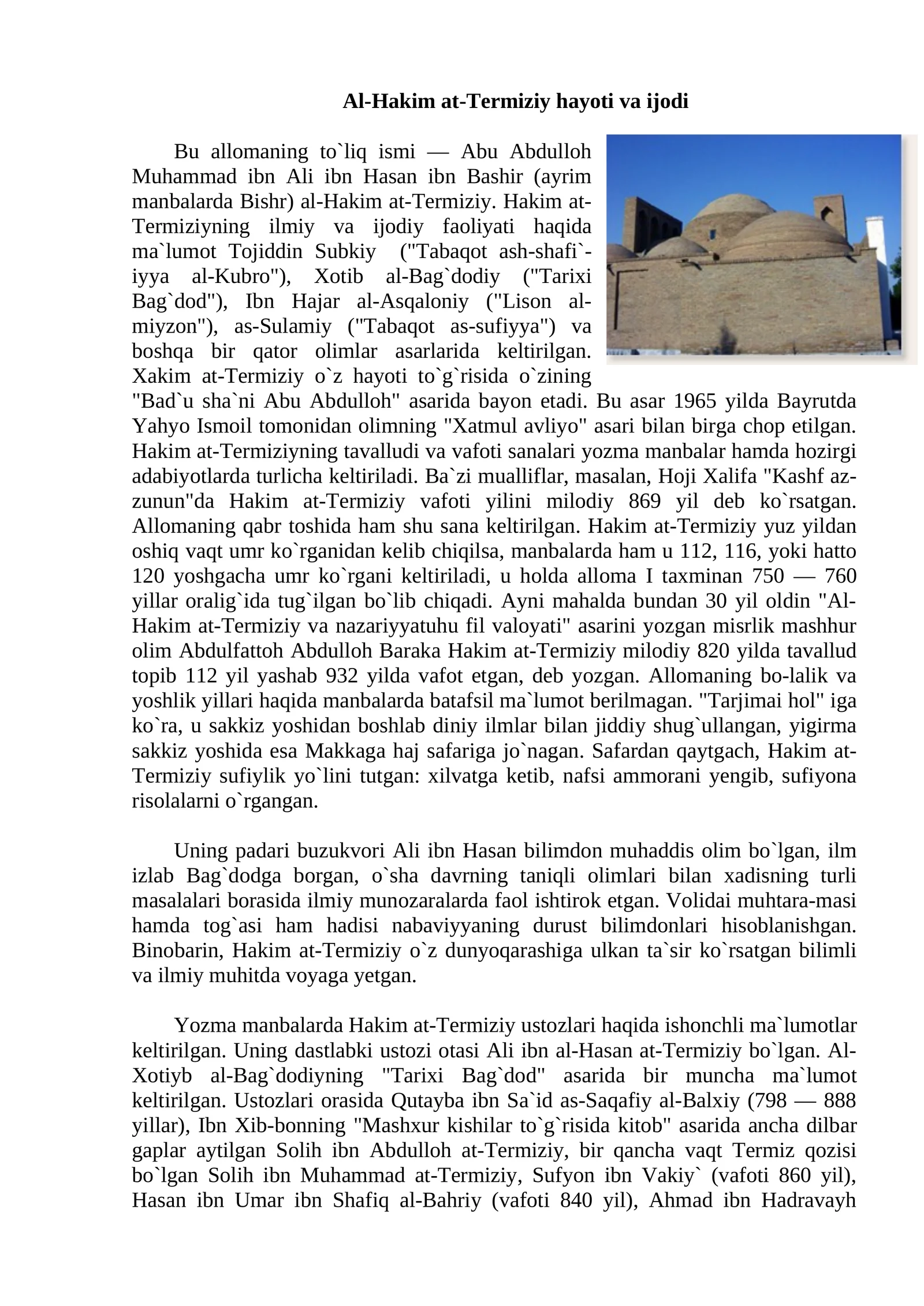 Al-Hakim at-Termiziy hayoti va ijodi
