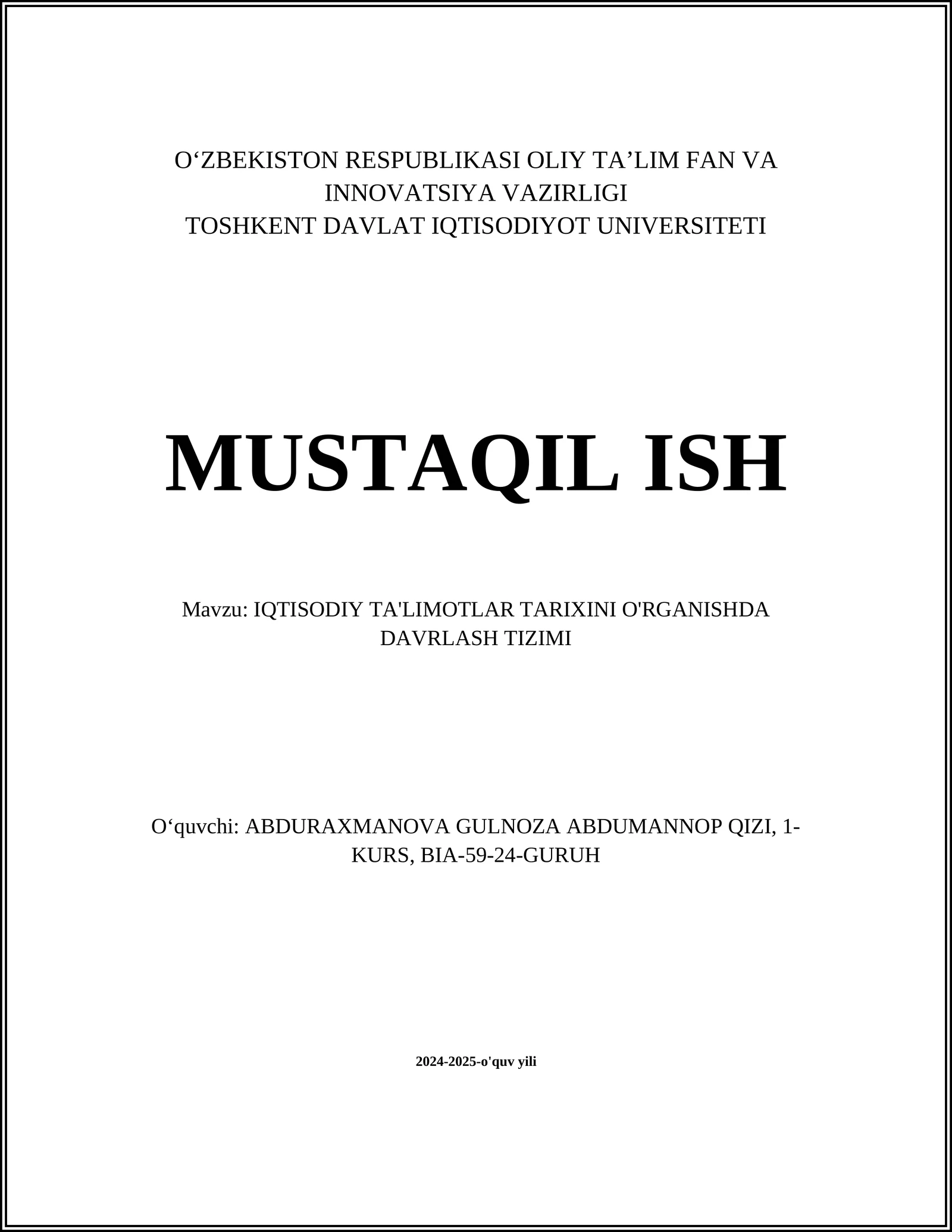 IQTISODIY TA'LIMOTLAR TARIXINI O'RGANISHDA DAVRLASH TIZIMI