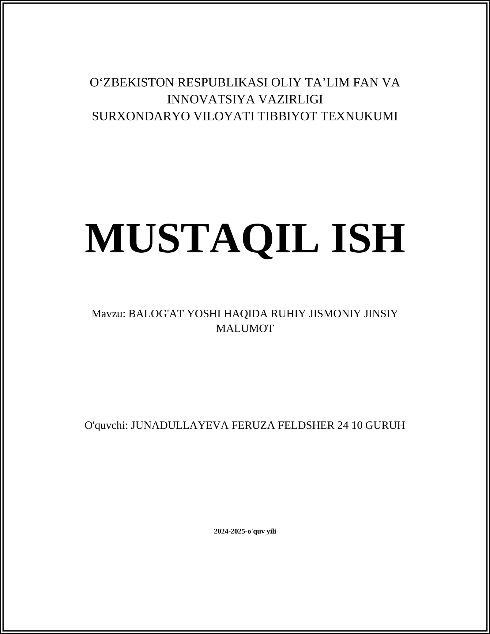 BALOG'AT YOSHI HAQIDA RUHIY JISMONIY JINSIY MALUMOT