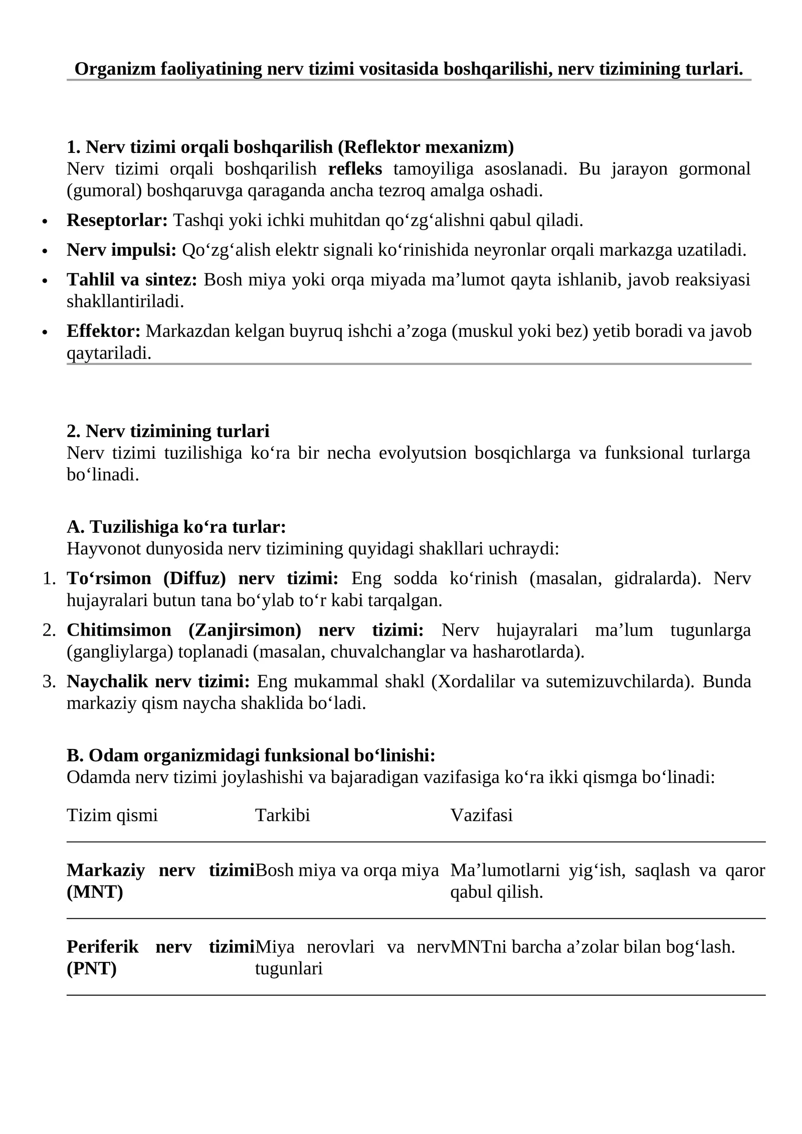 Organizm faoliyatining nerv tizimi vositasida boshqarilishi, nerv tizimining turlari
