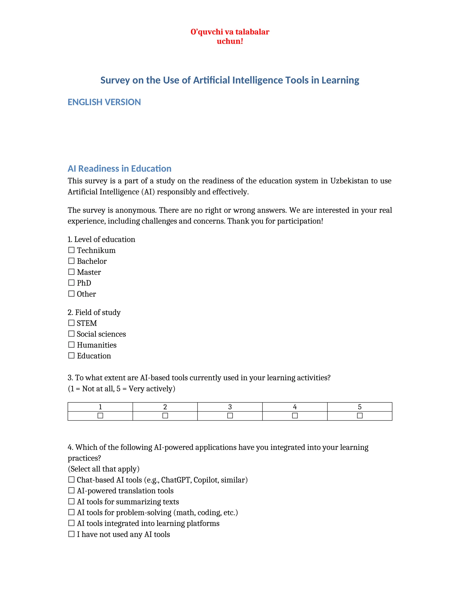 Survey on the Use of Artificial Intelligence Tools in Learning