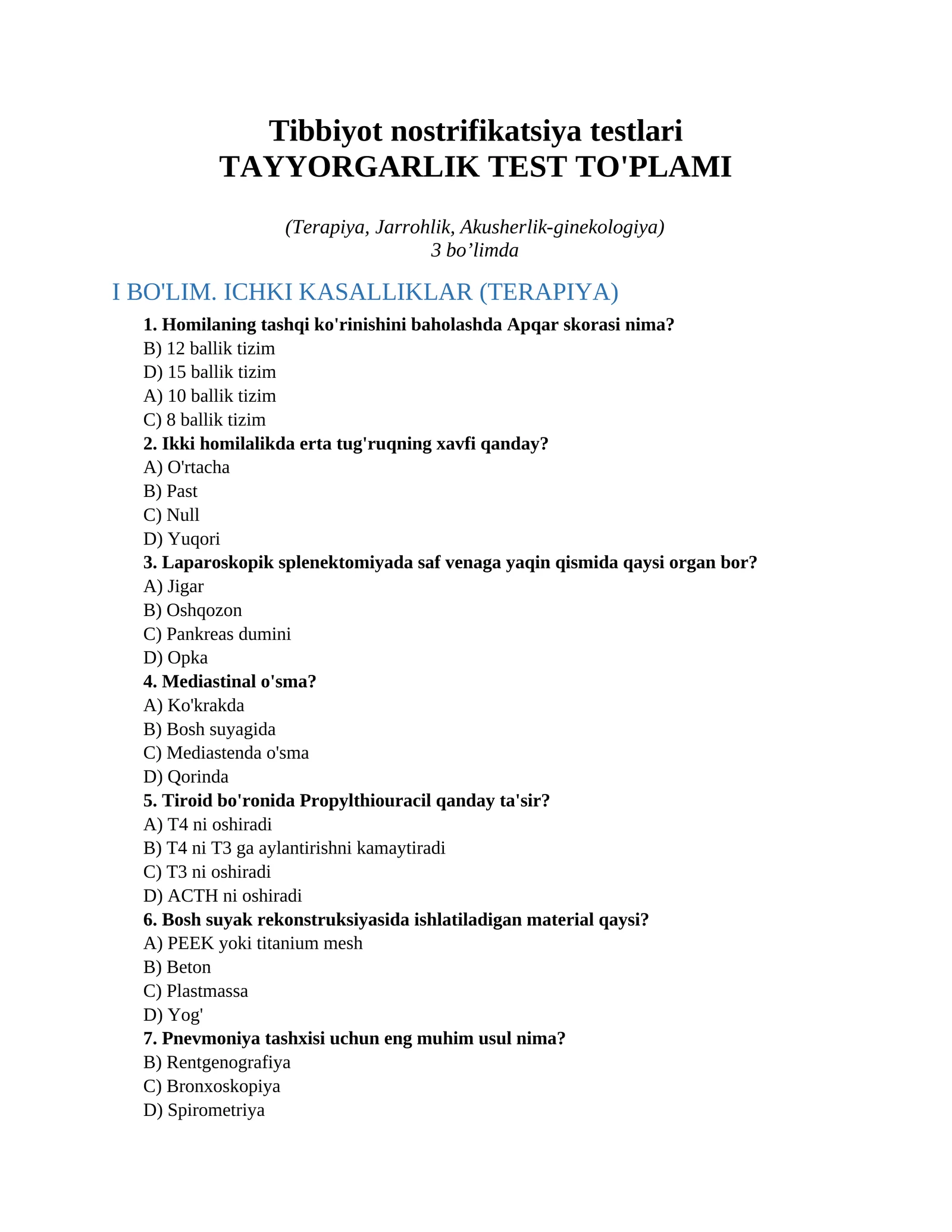 Tibbiyot nostrifikatsiya testlari