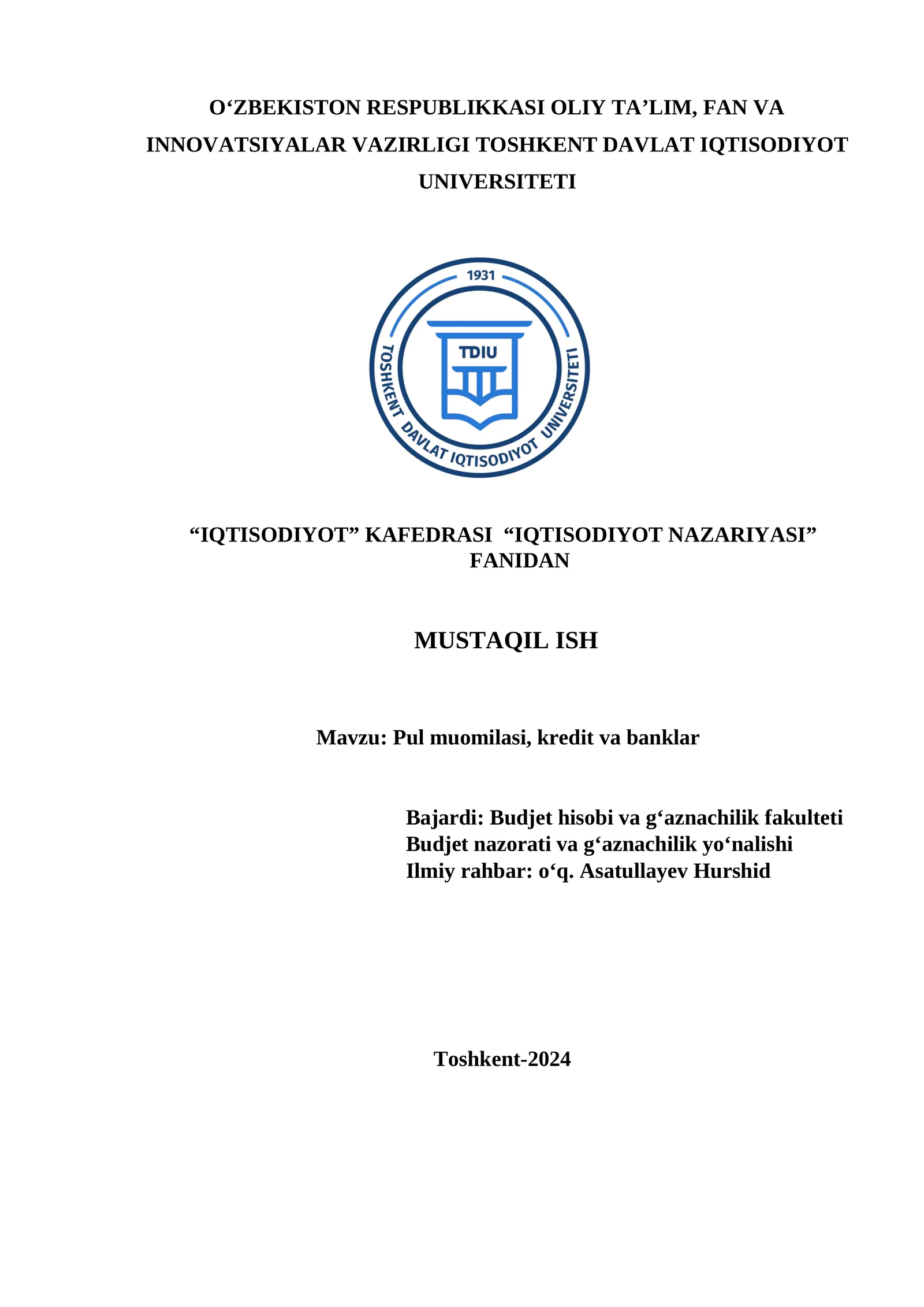 Pul muomilasi, kredit va banklar