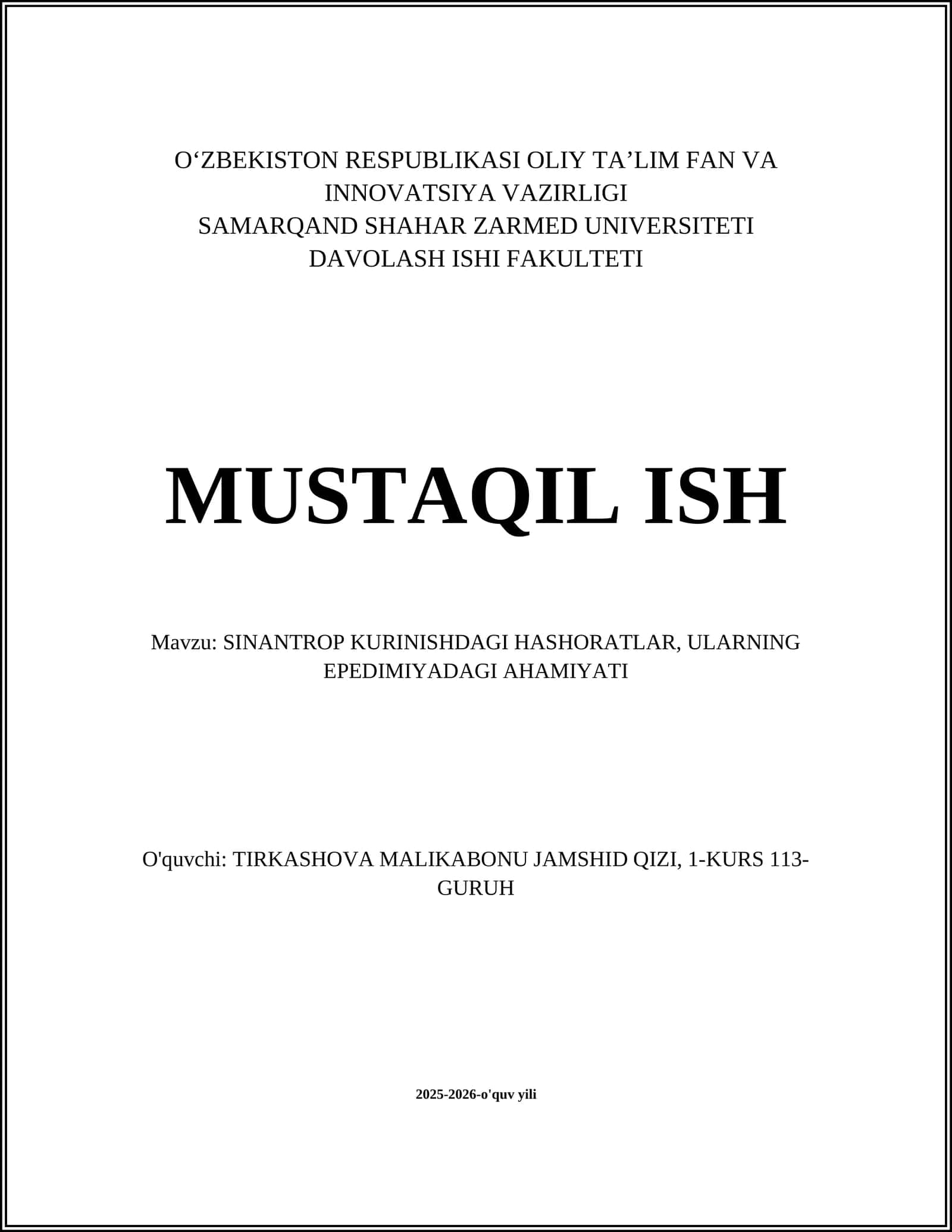SINANTROP KURINISHDAGI HASHORATLAR