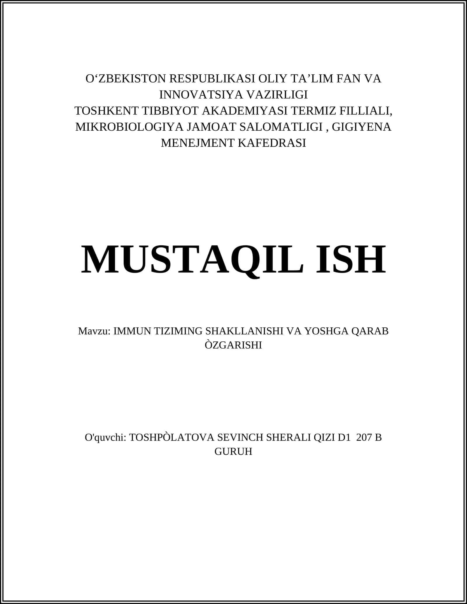 IMMUN TIZIMNING SHAKLLANISHI VA YOSHGA QARAB ÒZGARISHI