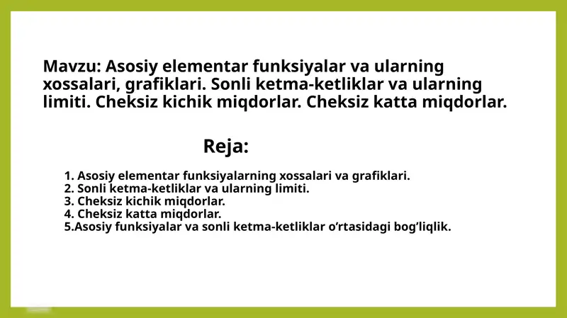 Asosiy elementar funksiyalar va ularning xossalari