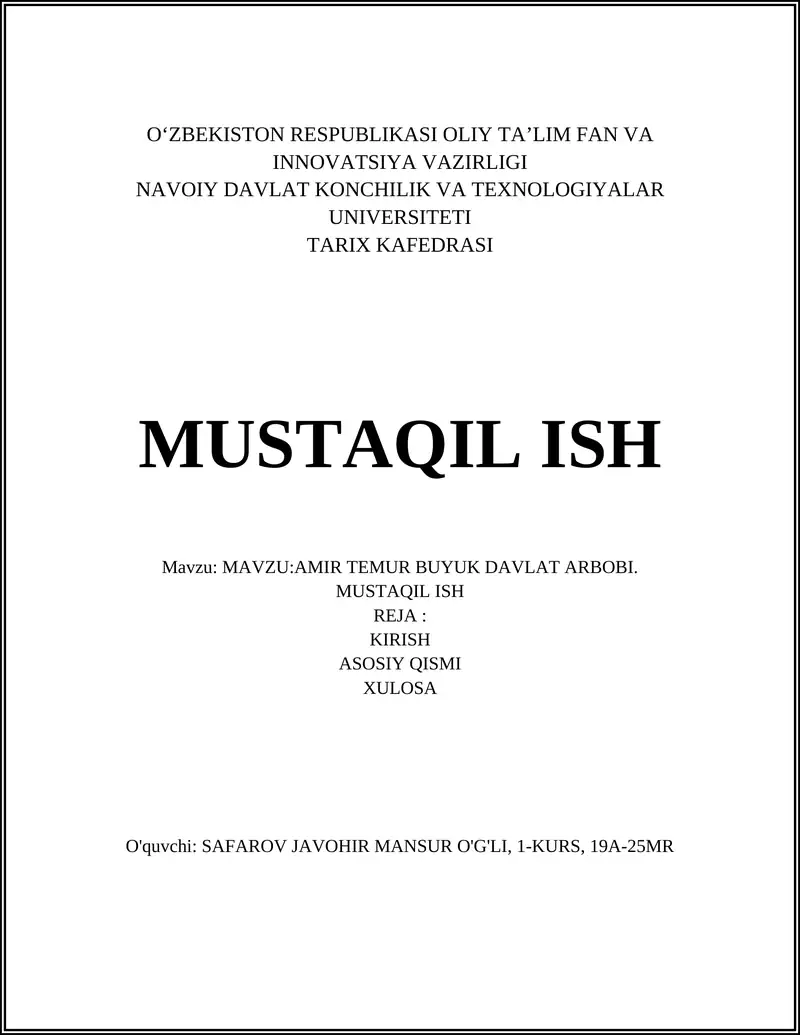 AMIR TEMUR BUYUK DAVLAT ARBOBI