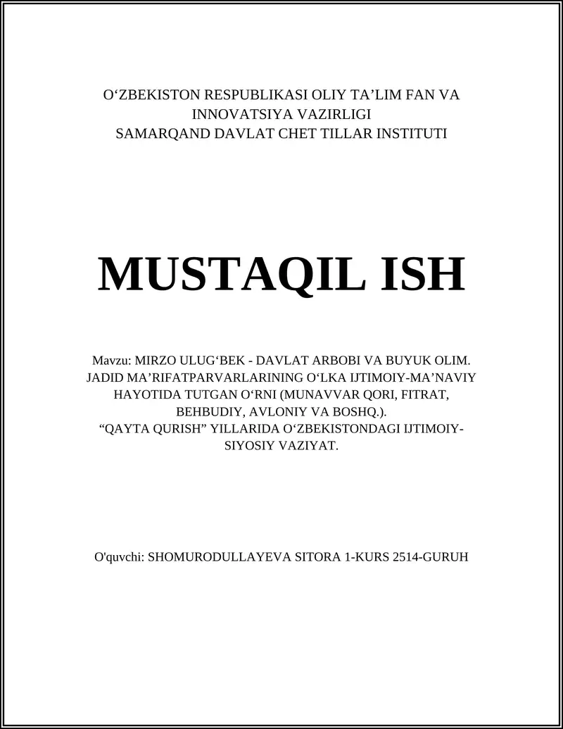 MIRZO ULUG‘BEK - DAVLAT ARBOBI VA BUYUK OLIM