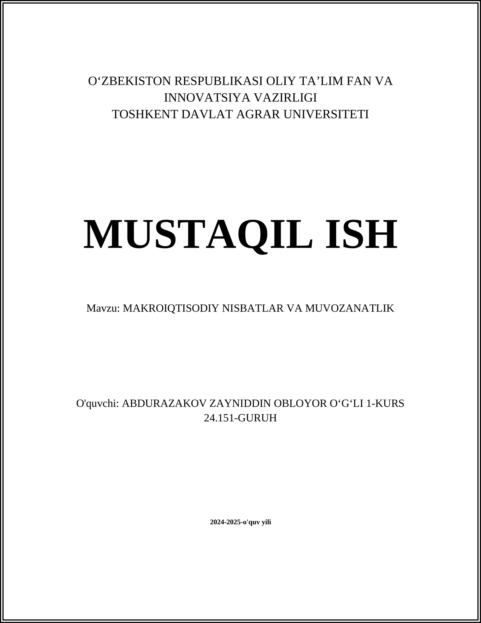 MAKROIQTISODIY NISBATLAR VA MUVOZANATLIK