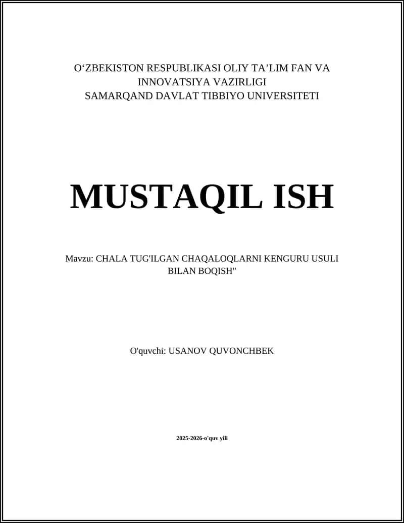 CHALA TUG'ILGAN CHAQALOQLARNI KENGURU USULI BILAN BOQISH