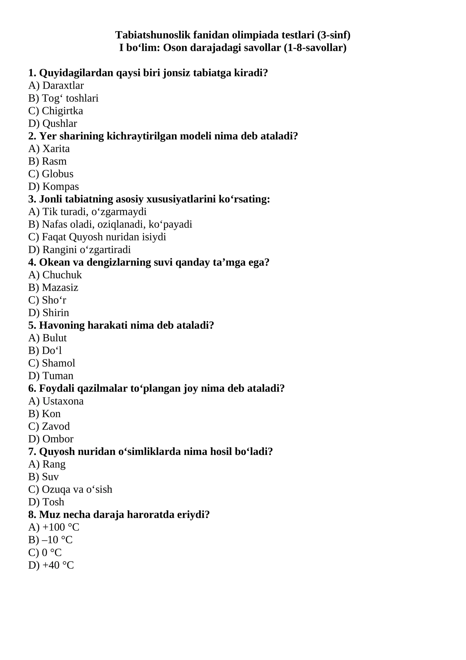 Tabiatshunoslik fanidan olimpiada testlari (3-sinf)