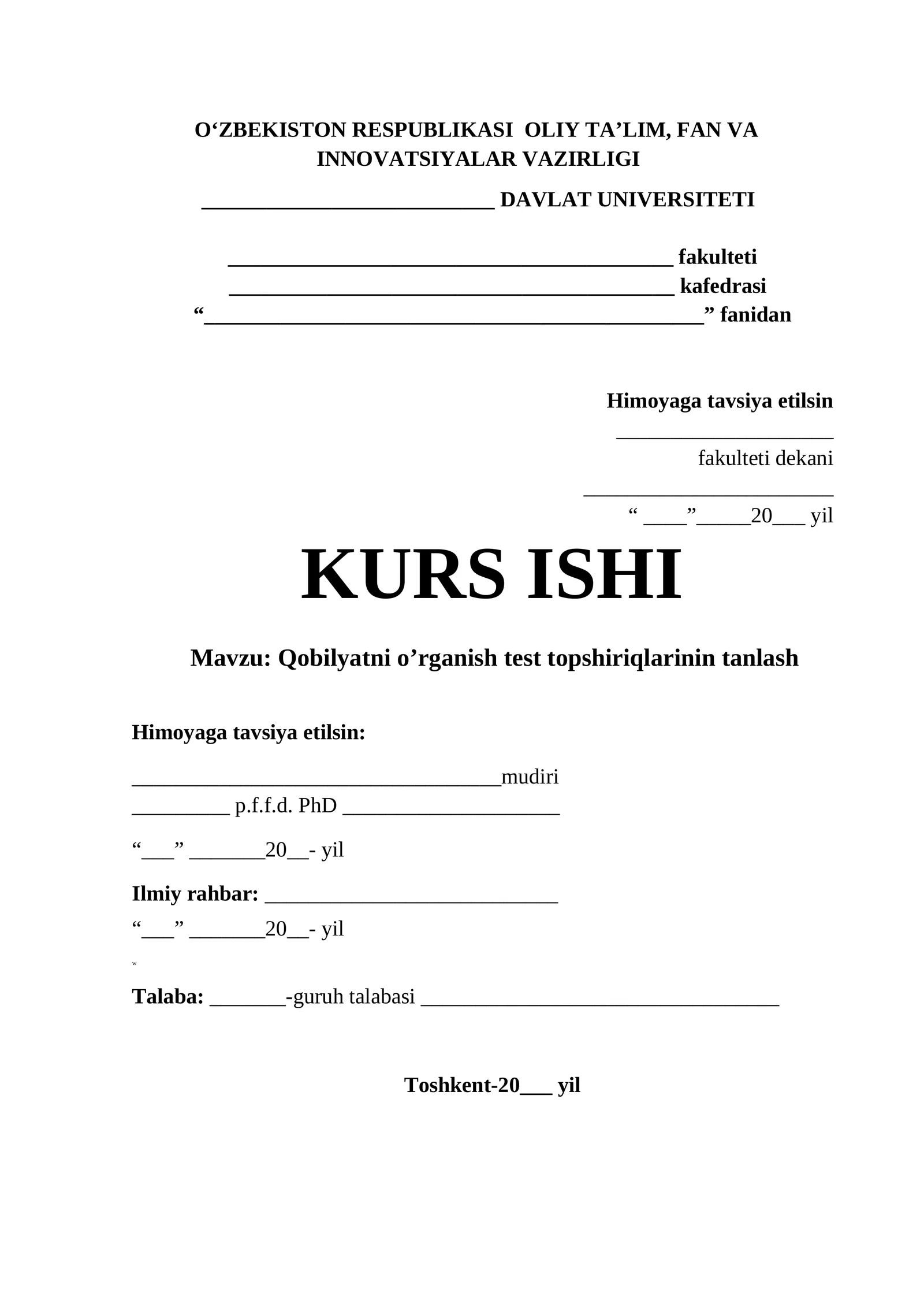 Qobilyatni o’rganish test topshiriqlarinin tanlash