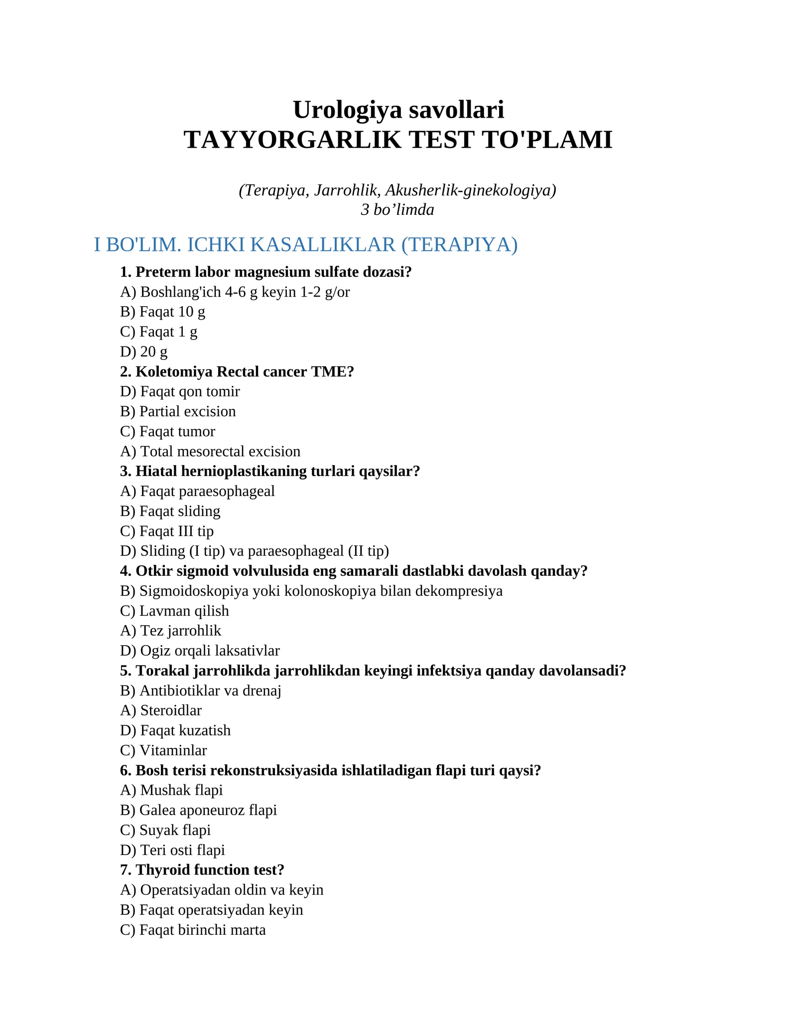 Urologiya savollari