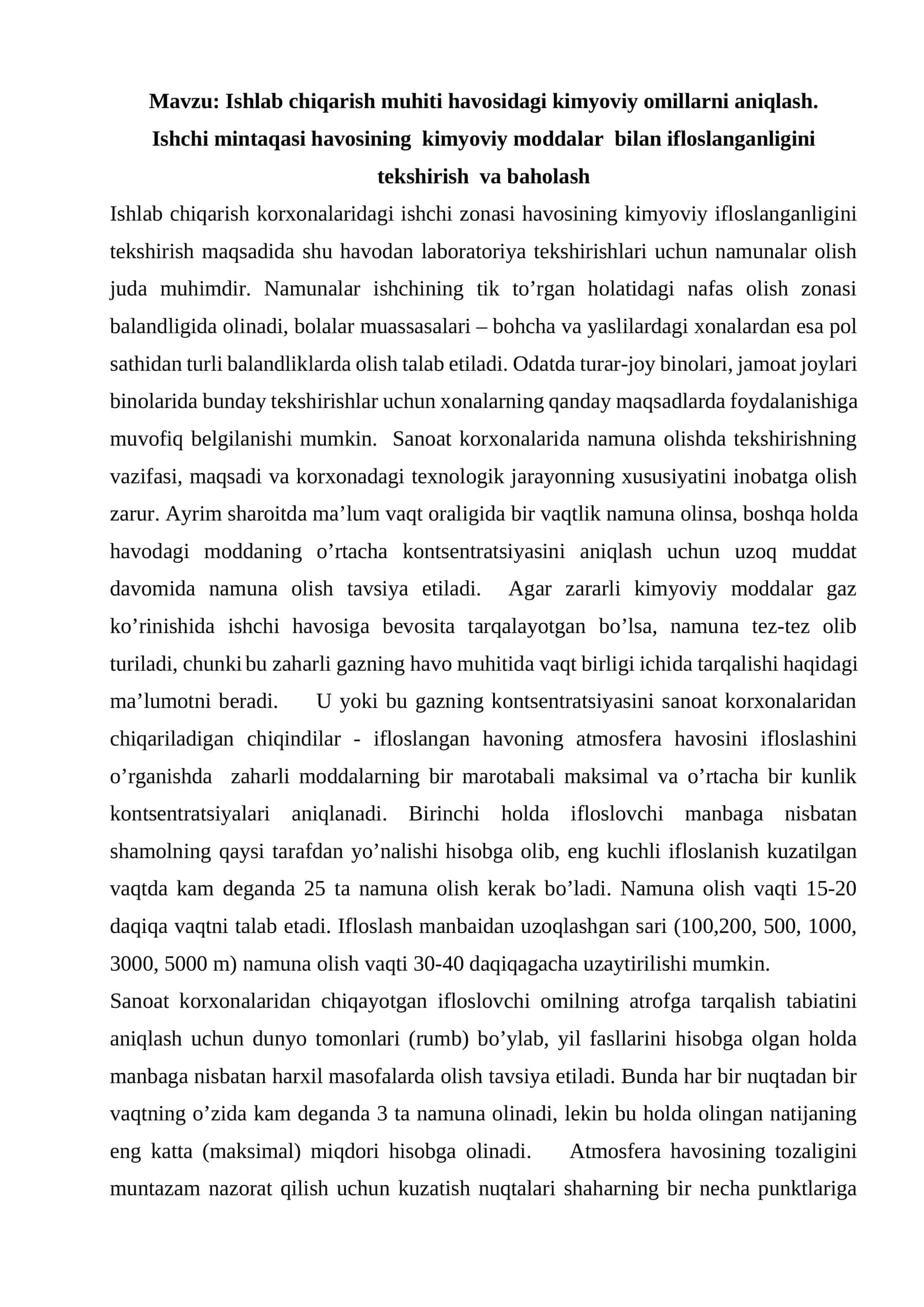 Ishlab chiqarish muhiti havosidagi kimyoviy omillarni aniqlash