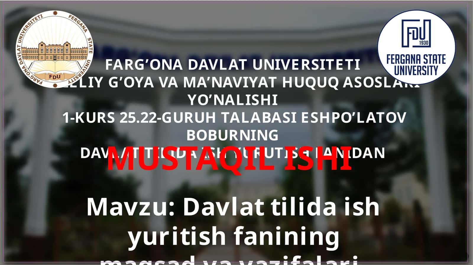 Davlat Tilida Ish Yuritish Fanidan Mustaqil Ishi