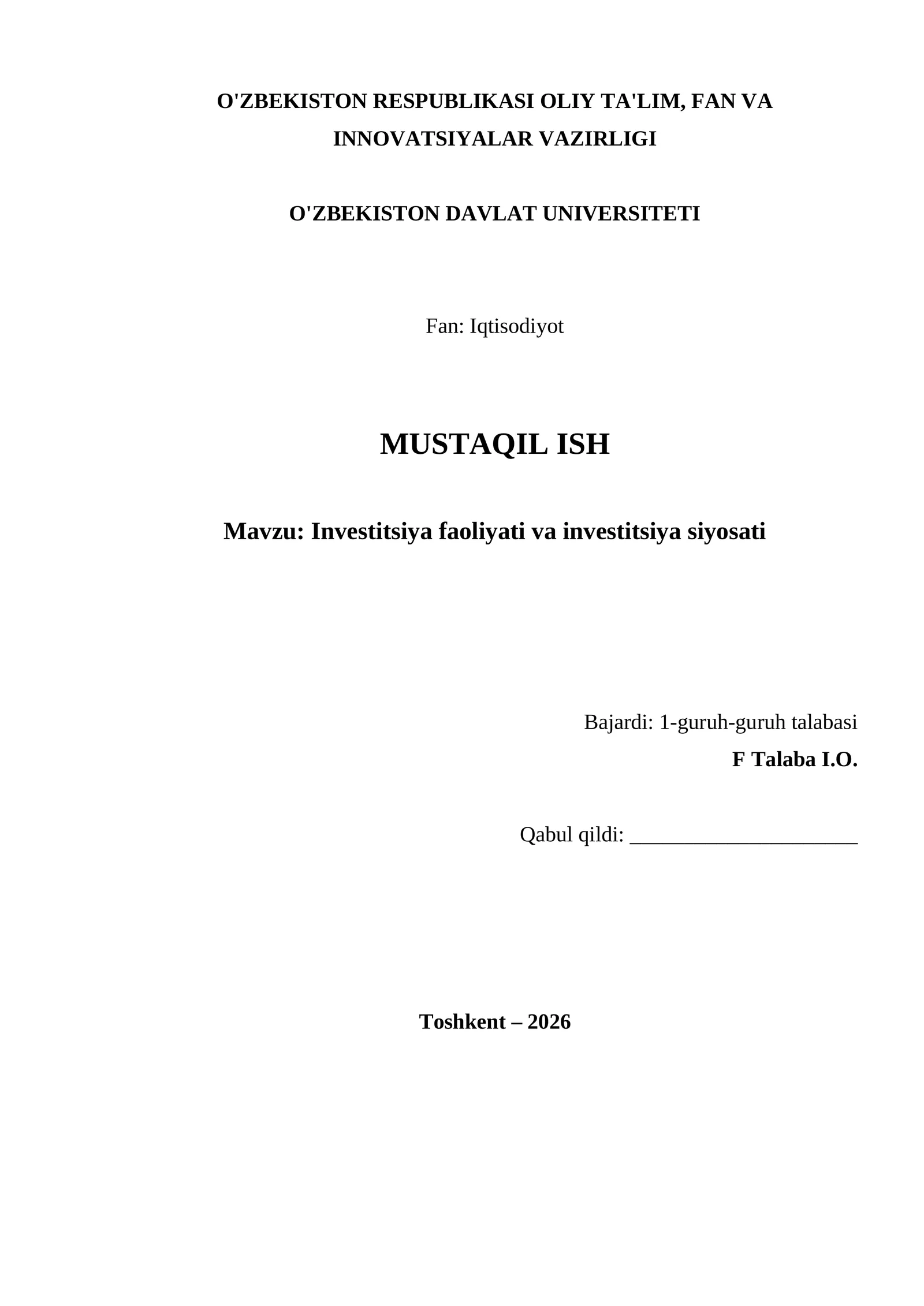 Investitsiya faoliyati va investitsiya siyosati